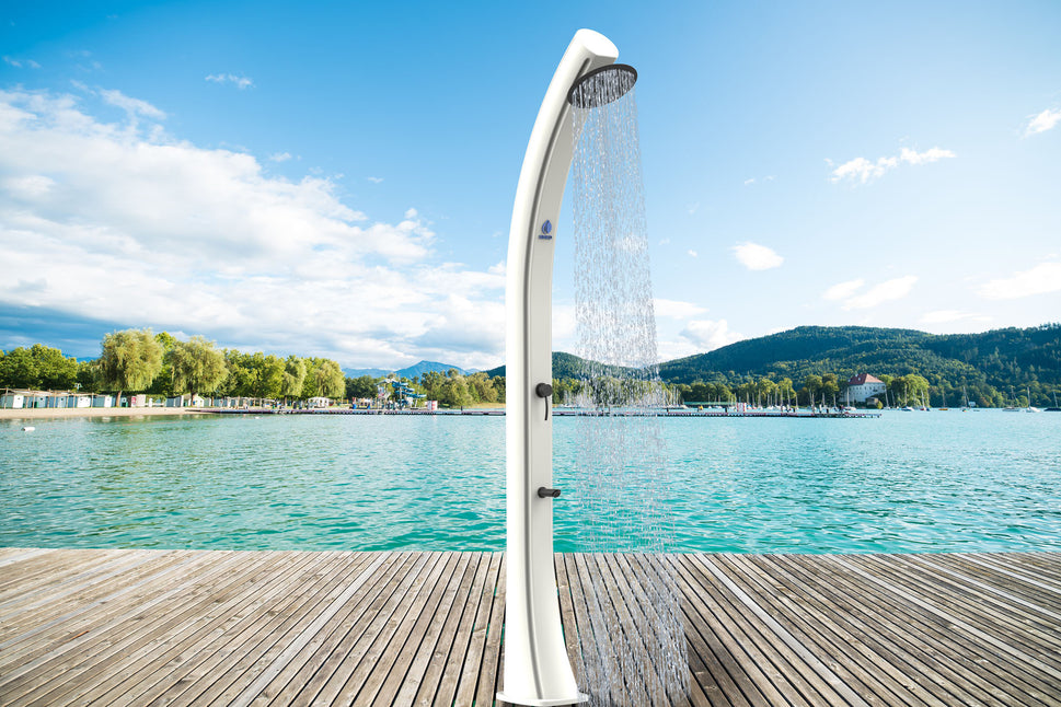 Sined Sole Xxl Zonneboiler Curva 40 Lt Antikalk Tank Witte Filter Ronde Douche Voet Zwarte Metalen Kraan Accessoires