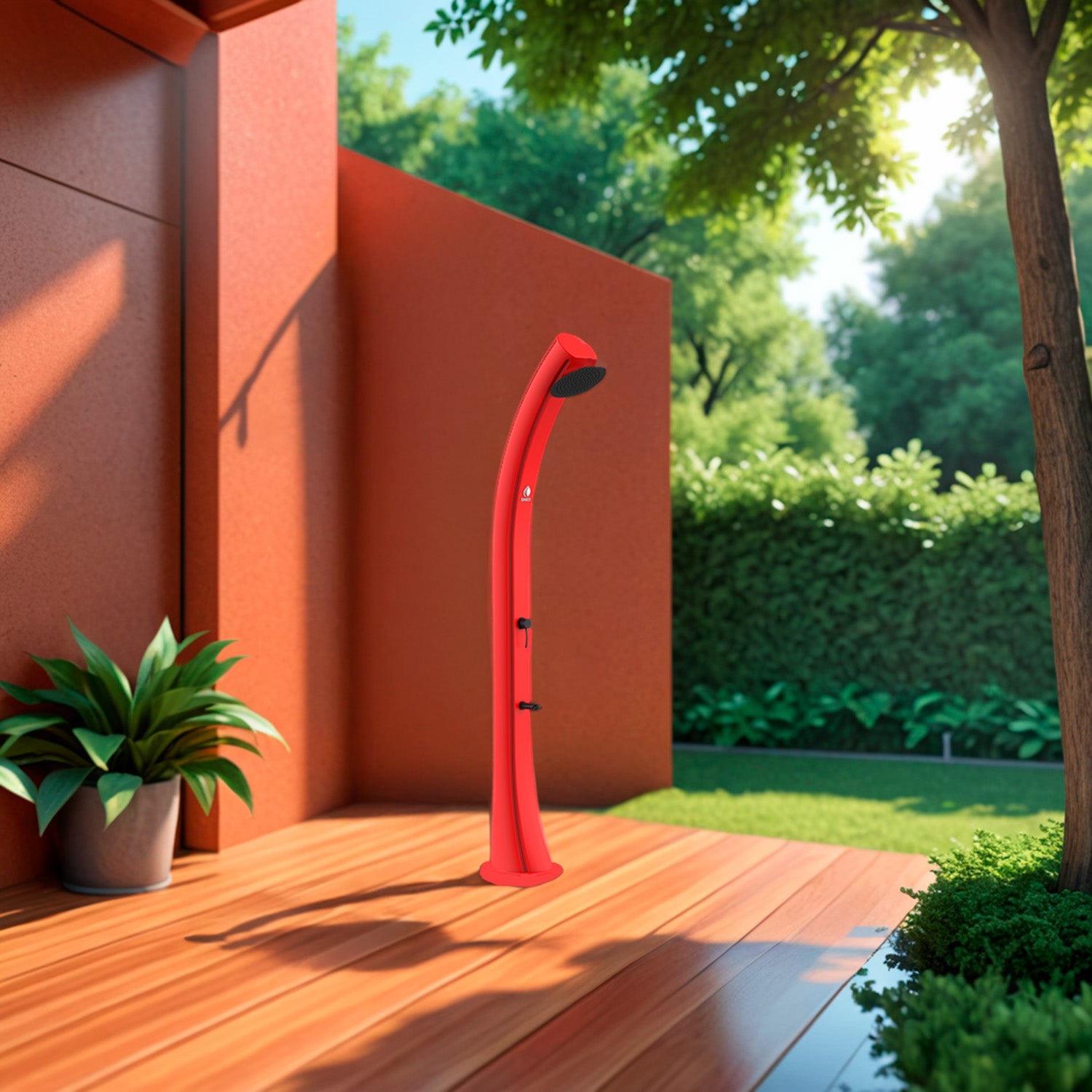 Sined Sole Xxl Polyethyleen Gebogen Zonne-douche Met Voetwasbak Reservoir 40 Lt Rood Voetwasbak Kraan Zwart Metaal Accessoires