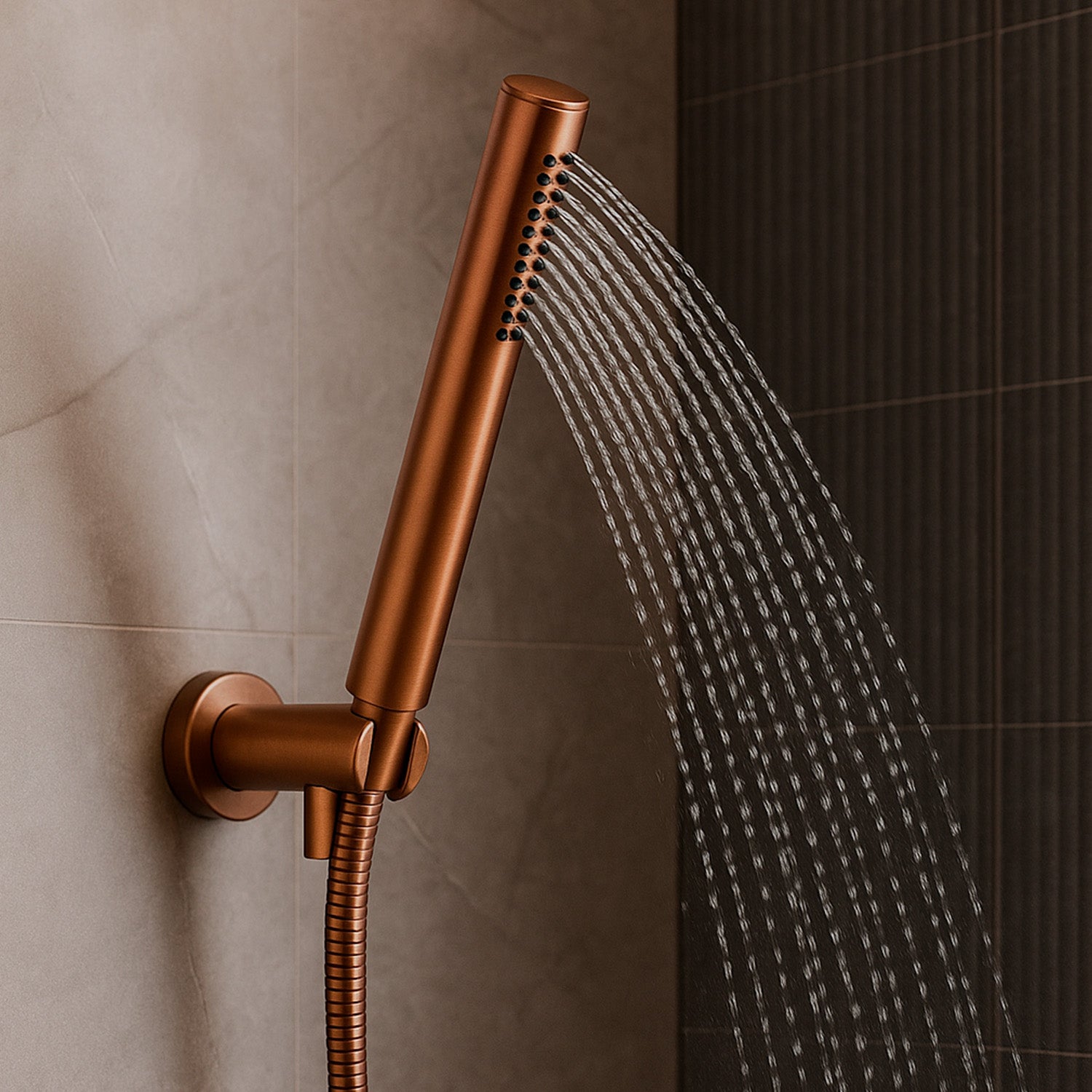 SINED Ducha de mano en acero inoxidable 316L color oro rosa con acabado PVD y conexión universal compatible con duchas internas y externas modelo Levante