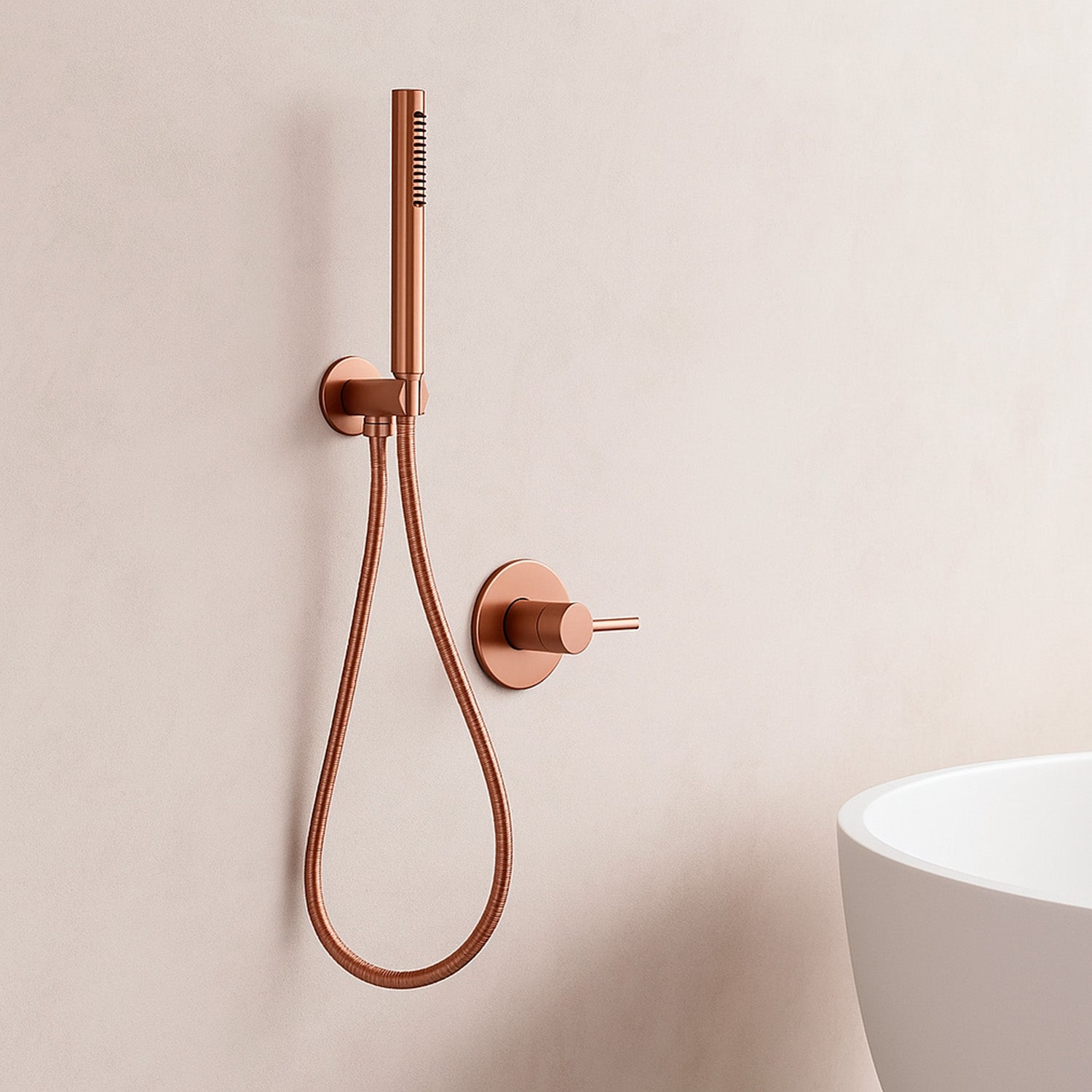 SINED Ducha de mano en acero inoxidable 316L color oro rosa con acabado PVD y conexión universal compatible con duchas internas y externas modelo Levante