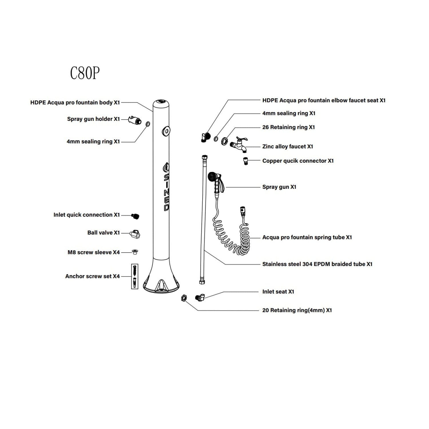 Sined Fontaine de Jardin Extérieure Avec Connexion Latérale Pro en Noir Avec Tuyau de 75m Idéale Pour Piscines Jardins et Espaces Extérieurs Fontaine de Jardin Pour Extérieur Noire