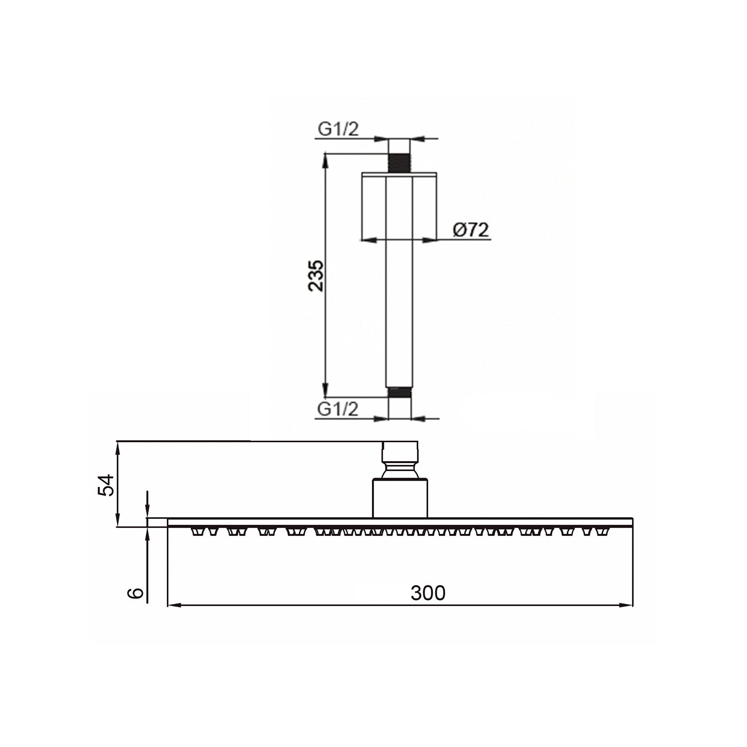 SINED Kit de ducha de techo en acero inoxidable 316L color inox satinato con brazo largo de 24cm y cabezal de 30cm de diámetro Instalación para interiores y exteriores modelo Levante