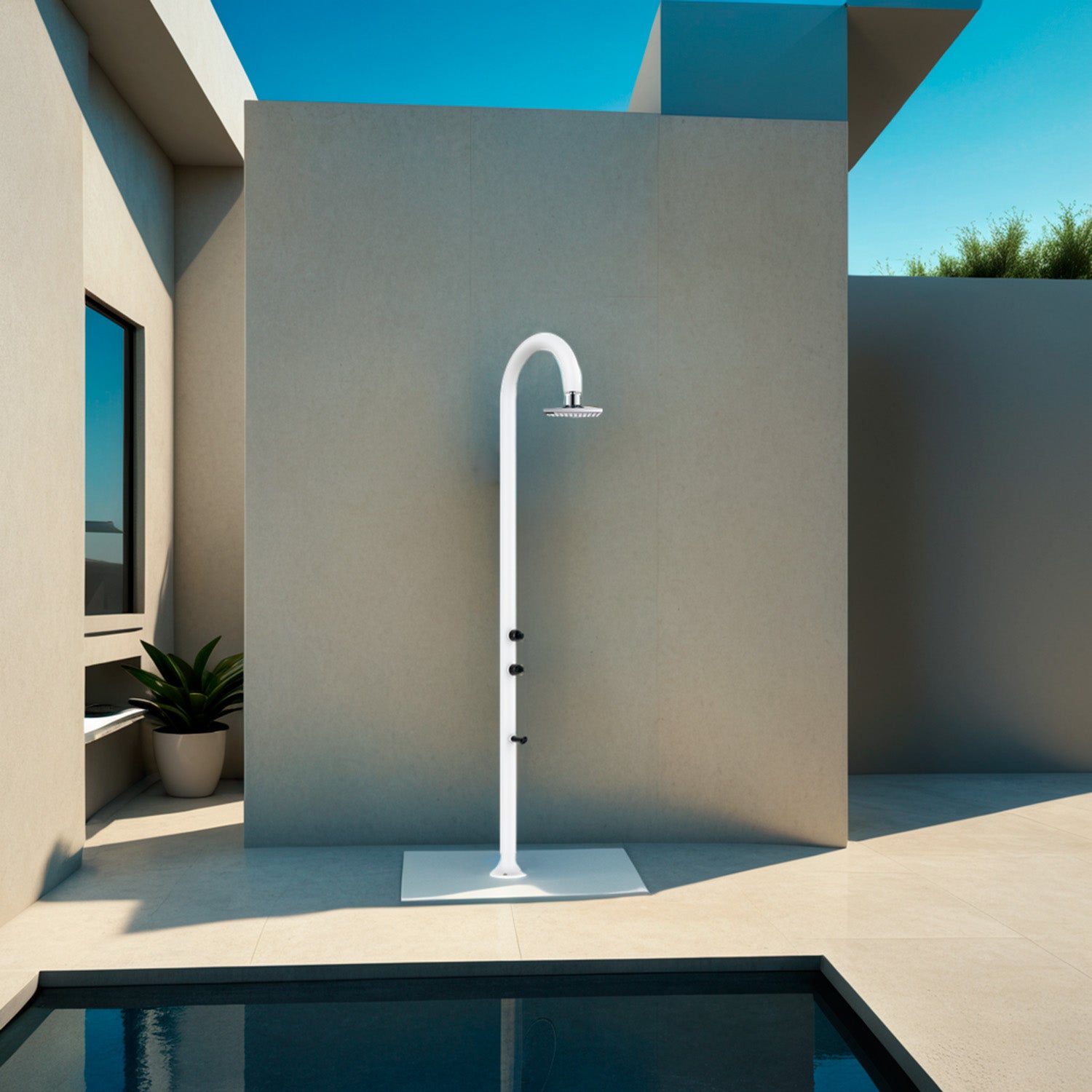 SINED Douche de piscine Blanche en Aluminium avec ISwitch et Thermomètre LCD Double Connexion d'Eau Latérale ou inférieure Idéale pour Extérieur et Intérieur Hauteur 223cm LUNA-ALU-BIANCA-LCD