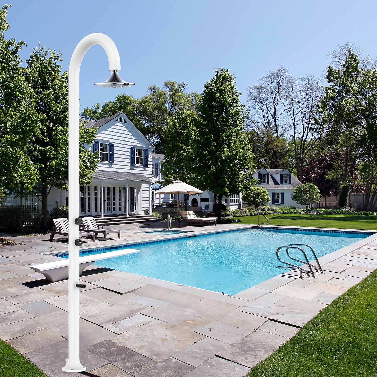 Sined Douche d'extérieur en Aluminium Blanc avec pomme de douche LED à 3 jets et double prise d'eau Pour intérieurs ou extérieurs Modèle LUNA ALU BIANCA SENSOR