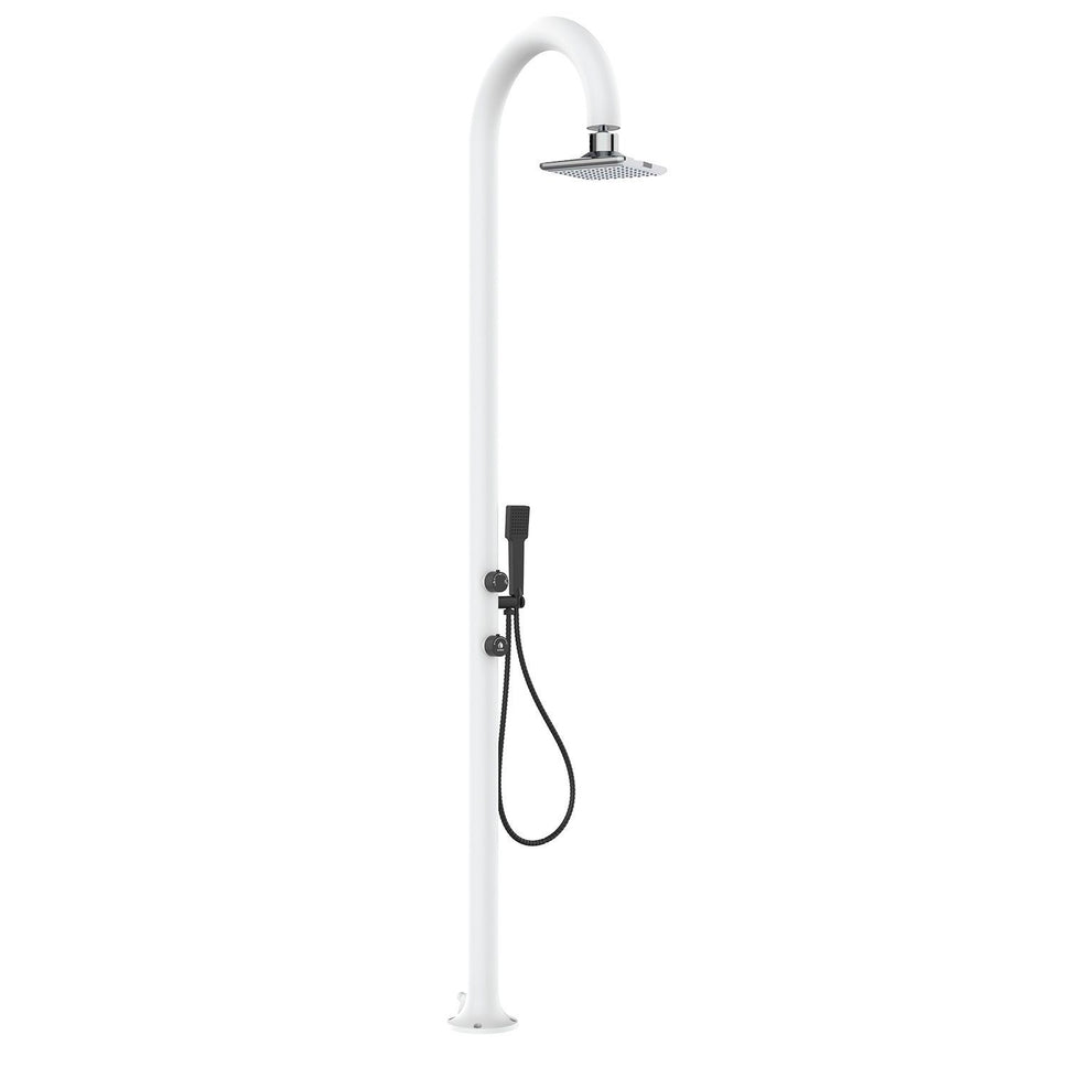 SINED Douche Jardin en Aluminium Blanc avec douchette mitigeur Température Froid-chaud et pommeau LED Double Connexion Latérale et inférieure Pour Intérieur ou Extérieur LUNA-ALU-D-BIANCA-LED