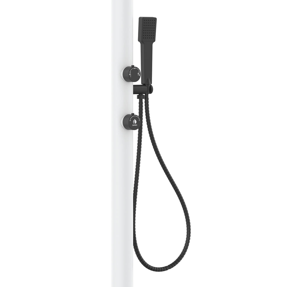 SINED Douche Jardin en Aluminium Blanc avec douchette mitigeur Température Froid-chaud et pommeau LED Double Connexion Latérale et inférieure Pour Intérieur ou Extérieur LUNA-ALU-D-BIANCA-LED