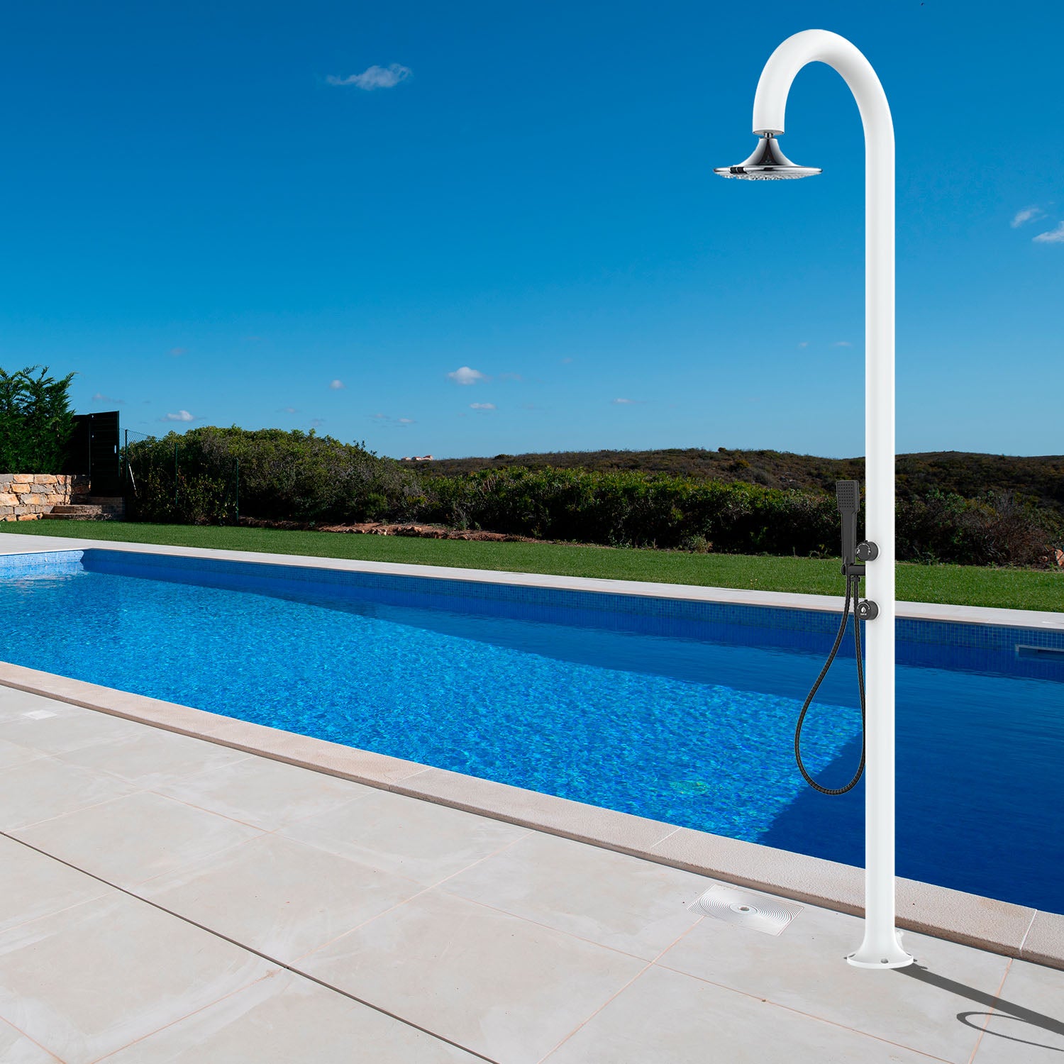 SINED Douche de jardin en aluminium blanc avec capteur et douchette à main Double prise d'eau froide/chaude Connexion latérale ou inférieure Pour extérieur ou intérieur LUNA ALU D BIANCA SENSOR