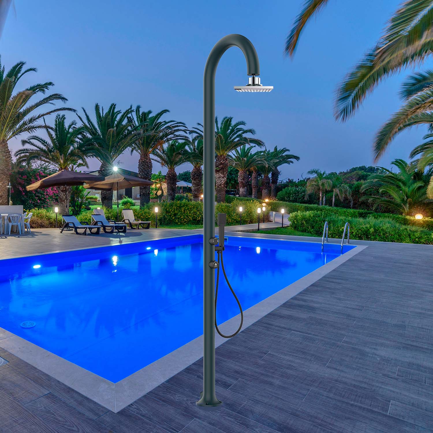 SINED Ducha de Piscina Gris de Aluminio con Rociador LCD Multifuncional Altura 2235 cm Doble Toma de Agua LateralInferior Para Exterior e Interior LUNA ALU D GRIGIA LCD