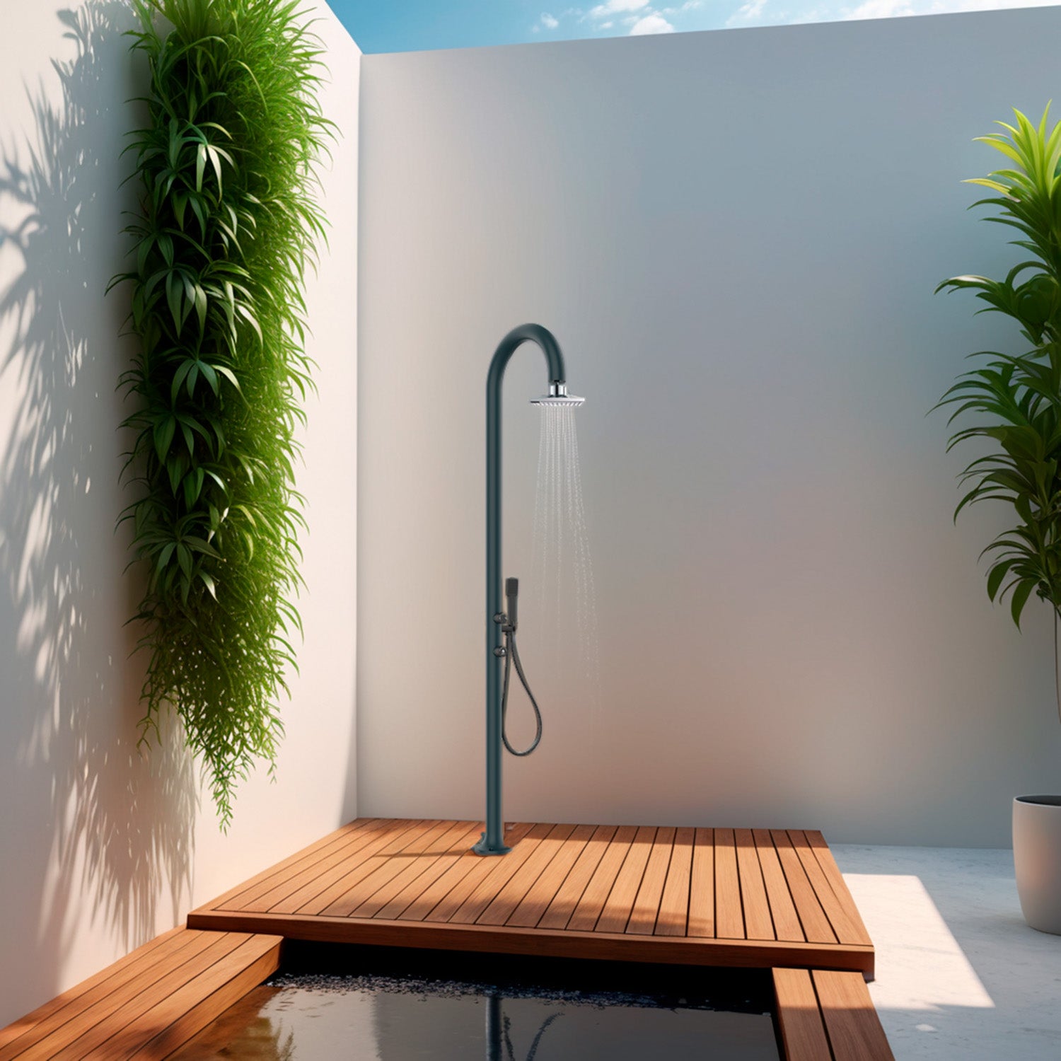 SINED Ducha de Piscina Gris de Aluminio con Rociador LCD Multifuncional Altura 2235 cm Doble Toma de Agua LateralInferior Para Exterior e Interior LUNA ALU D GRIGIA LCD