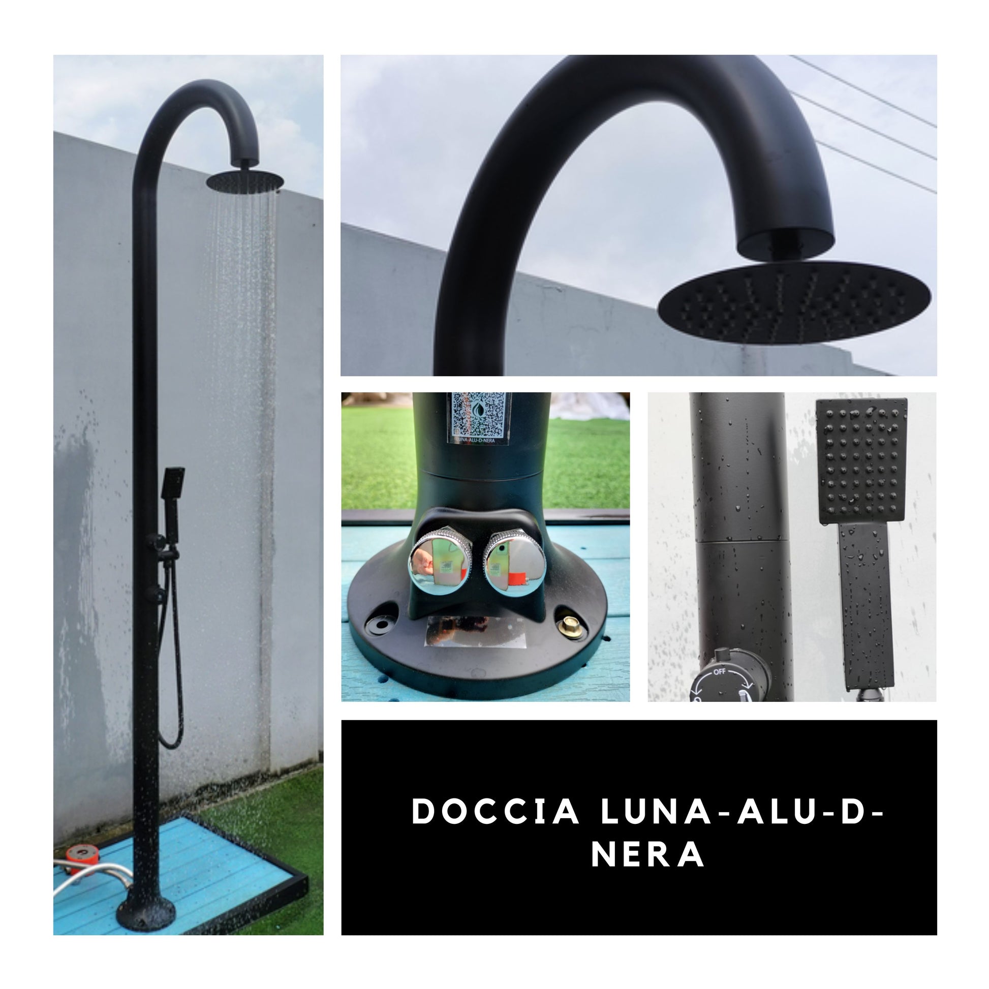 SINED Douche noire en aluminium avec douchette à main avec eau chaude et froide Double connexion inférieure et latérale idéale pour usage intérieur et extérieur Modèle LUNA ALU D NERA