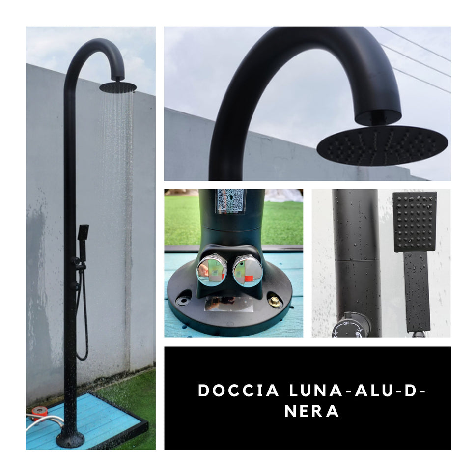 SINED Douche noire en aluminium avec douchette à main avec eau chaude et froide Double connexion inférieure et latérale idéale pour usage intérieur et extérieur Modèle LUNA ALU D NERA