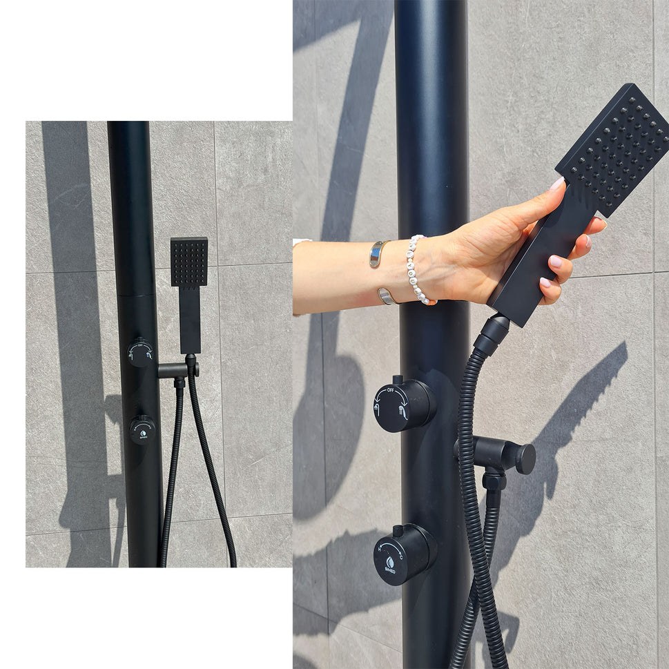 SINED Douche Jardin en Aluminium Noir avec Douchette à Main Double entrée d'eau chaude et froide Connexion d'eau intérieure et latérale Pour intérieur et extérieur 2235 cm LUNA ALU D NERA LCD