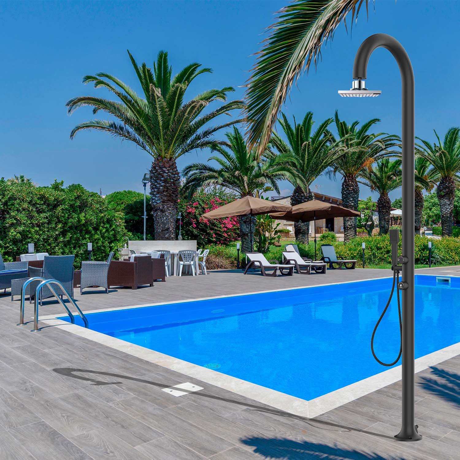 SINED Douche Jardin en Aluminium Noir avec Douchette à Main Double entrée d'eau chaude et froide Connexion d'eau intérieure et latérale Pour intérieur et extérieur 2235 cm LUNA ALU D NERA LCD