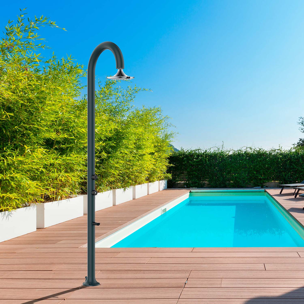 SINED Aluminium grijze tuindouche met LED-sproeier met 3 stralen en dubbele aansluiting, geschikt voor binnen en buiten, warm en koud water LUNA-ALU-GRIGIA-SENSOR