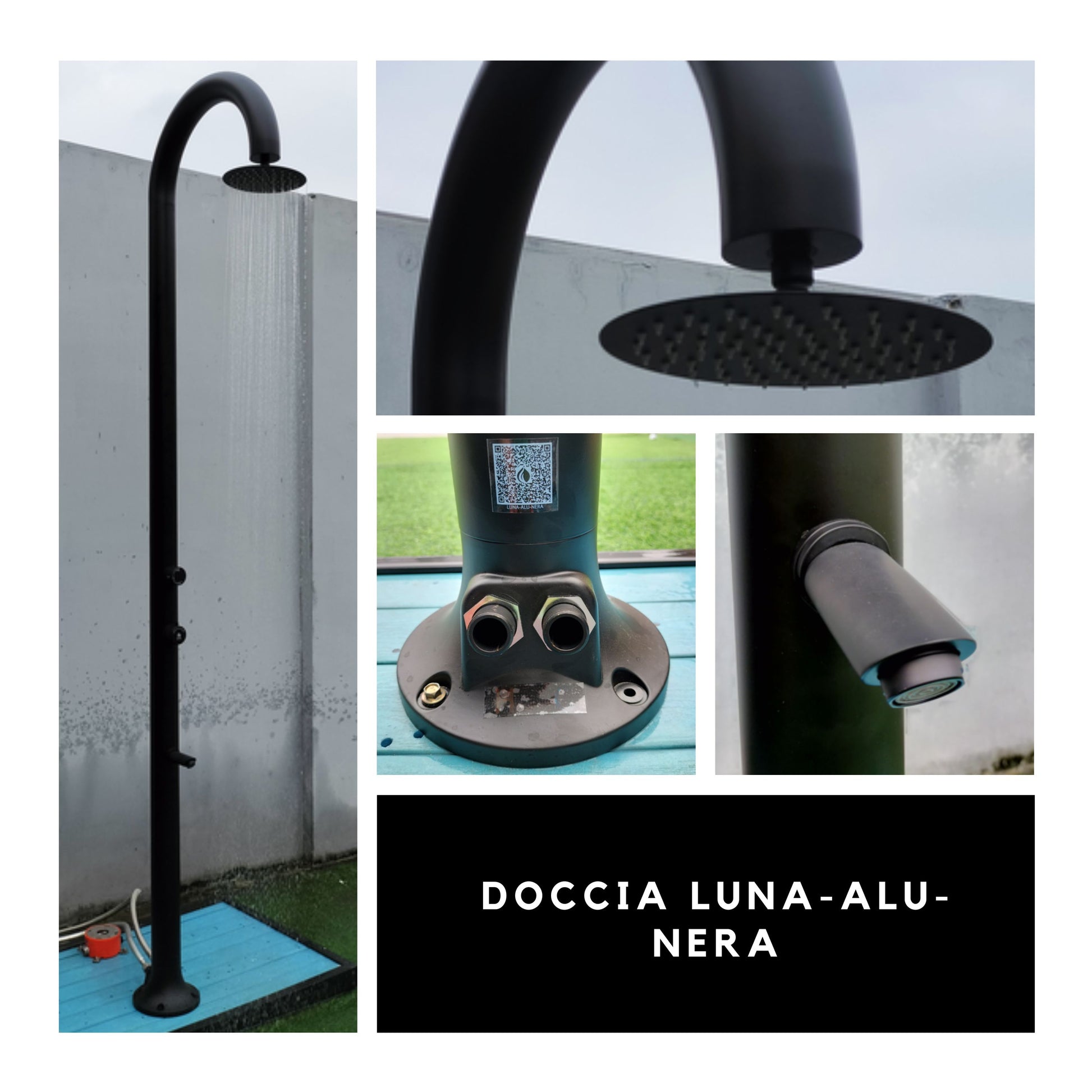 SINED Douche Extérieure en Aluminium Noire avec Mitigeur de Température et Lave-pieds Double Connexion d'Eau Installation Interne ou Externe Accessoires Inclus Modèle UNA ALU NERA