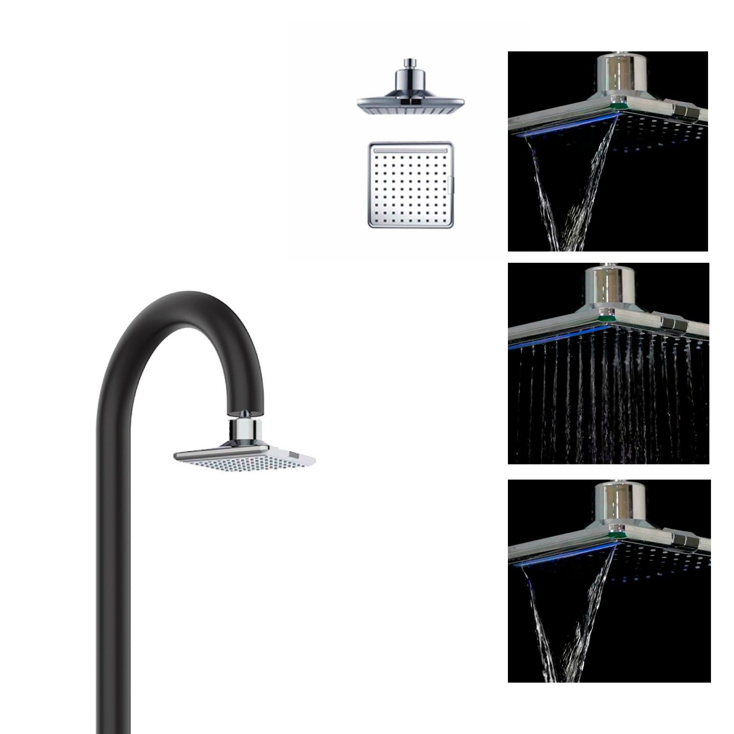 SINED Duche Exterior de Alumínio Preto com Dupla Conexão Lateral Inferior Termómetro e Duche Quadrado LED Água quente fria Ideal para Exteriores Modelo LUNA ALU NERA LED