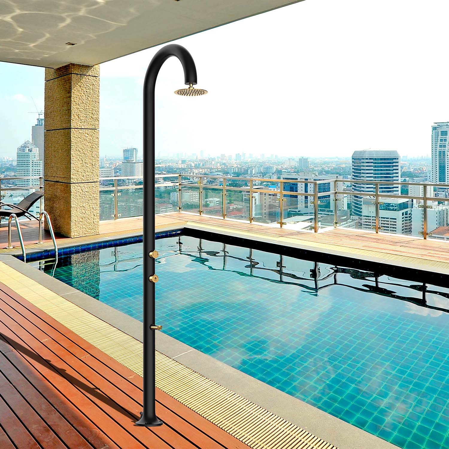 SINED Douche en aluminium noir et doré avec pomme de douche circulaire et buses anticalcaires double connexion eau froide ou chaude pour usage intérieur et extérieur Modèle LUNA ALU NERA ORO