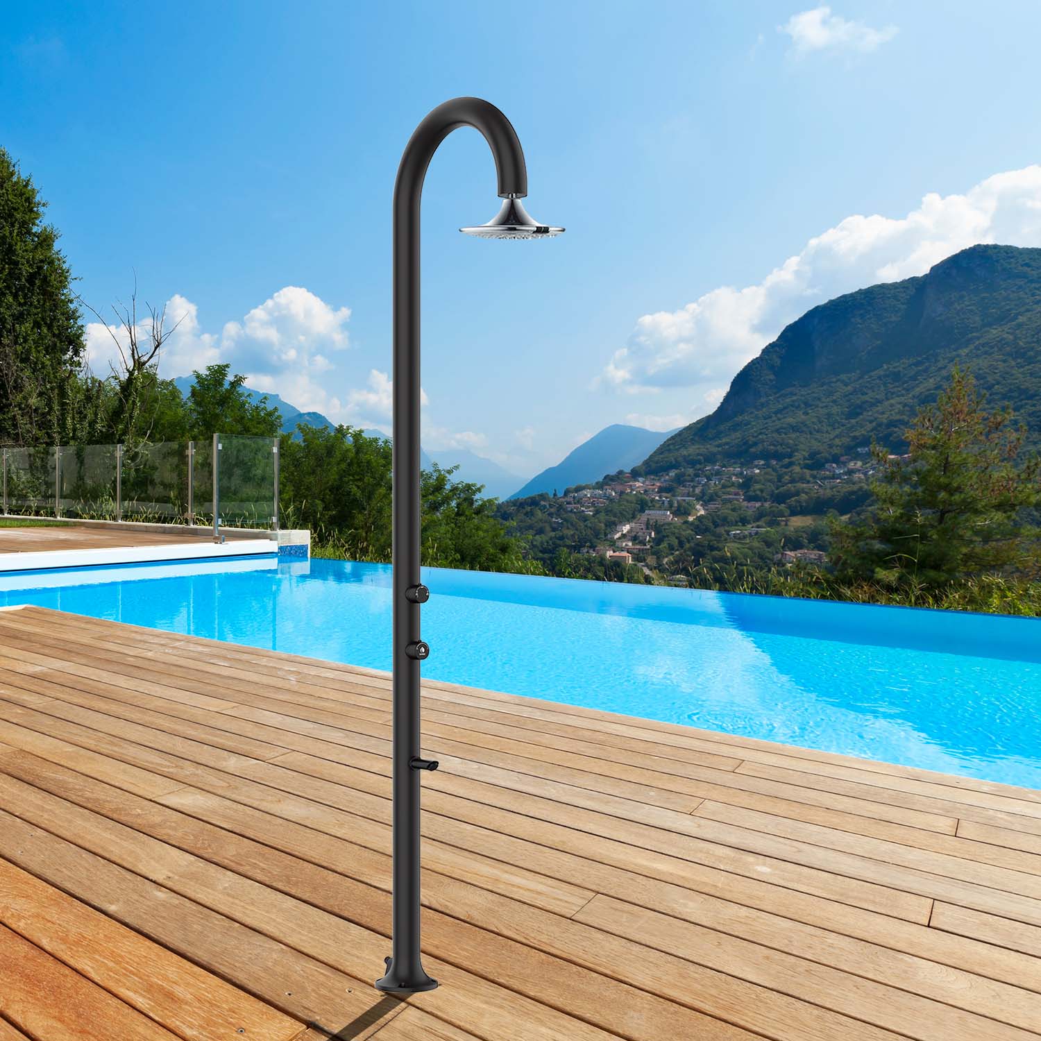 SINED Douche en Aluminium Noir avec Pommeau avec Capteur Manuel Conçue pour Montage Intérieur et Extérieur Connexion eau chaude et froide par le côté ou le dessous LUNA ALU NERA SENSOR