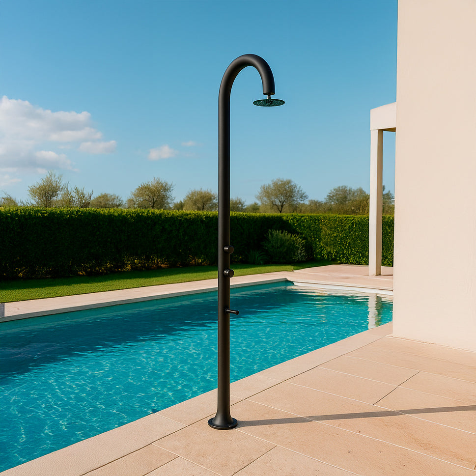 SINED Douche Extérieure en Aluminium Noire avec Mitigeur de Température et Lave-pieds Double Connexion d'Eau Installation Interne ou Externe Accessoires Inclus Modèle UNA ALU NERA