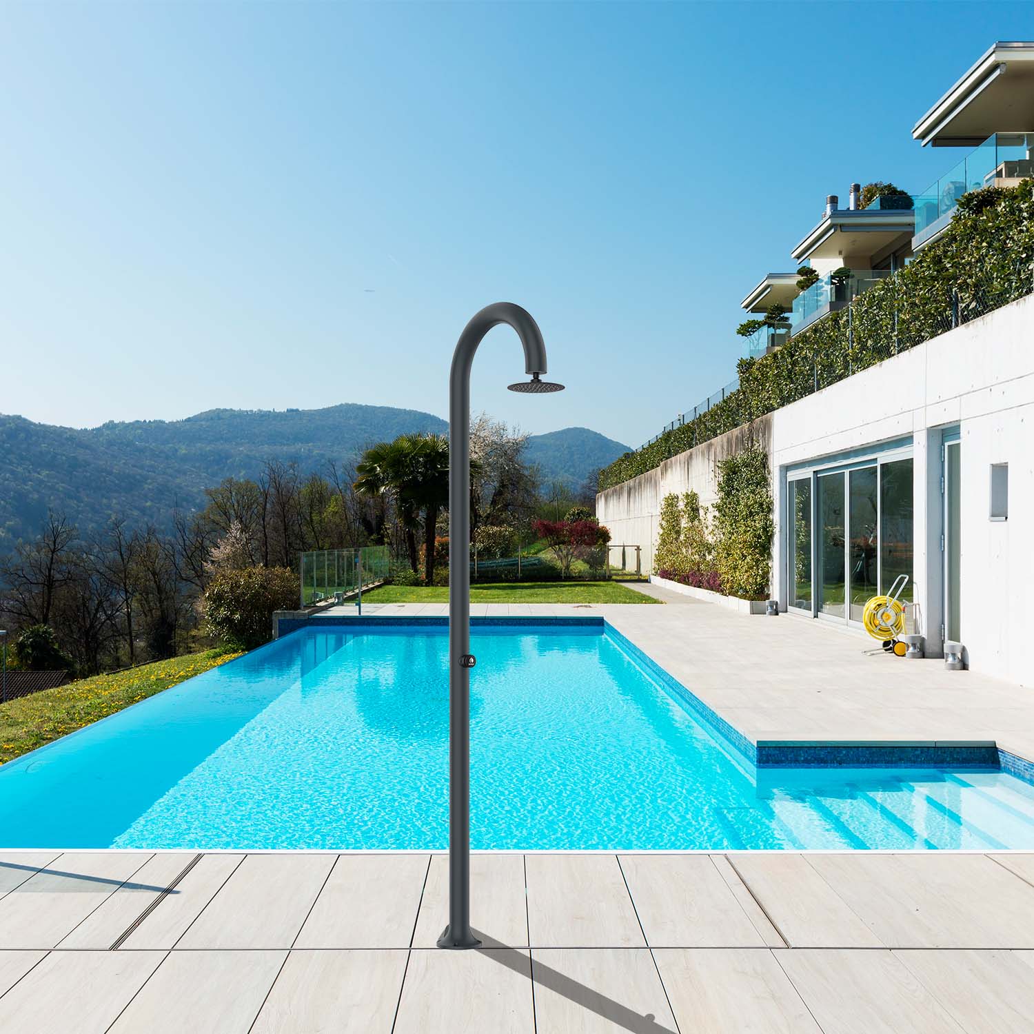 Sined Luna Minuteur Gris Douche en Aluminium Double Connexion d'Eau Froide Latérale ou Inférieure Douche d'Eau Froide dans Tube Intérieur Unique Minuteur avec Douche Supérieure et Mitigeur Rond Gris