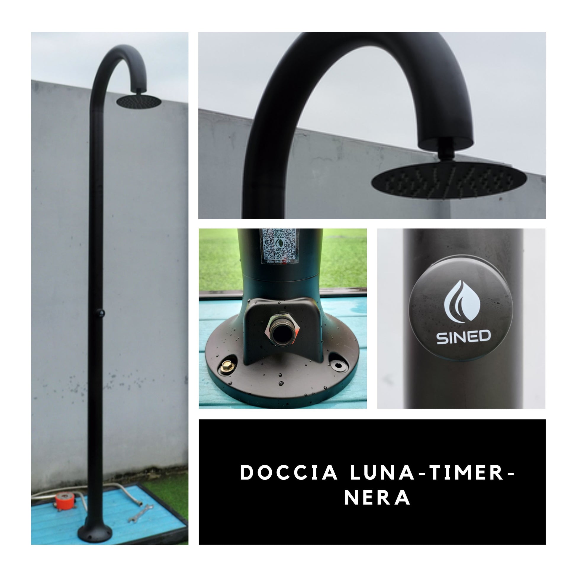Sined Luna Minuteur Douche en Aluminium Noir Double Connexion d'Eau Froide Latérale ou Inférieure Douche Temporisée d'Eau Froide avec Pulvérisateur Rond Noir et Mitigeur Grande Économie d'Eau