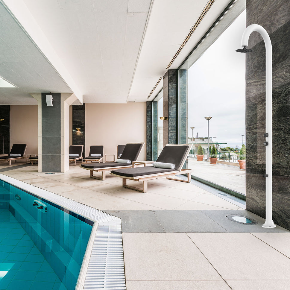 Sined Luna Timer p Blanc Douche En Aluminium Double Connexion Eau Froide Latérale ou Inférieure Dans Un Tube Interne Douche Temporisée D'eau Froide Avec Pulvérisateur Sur Pied et Mitigeur Blanc