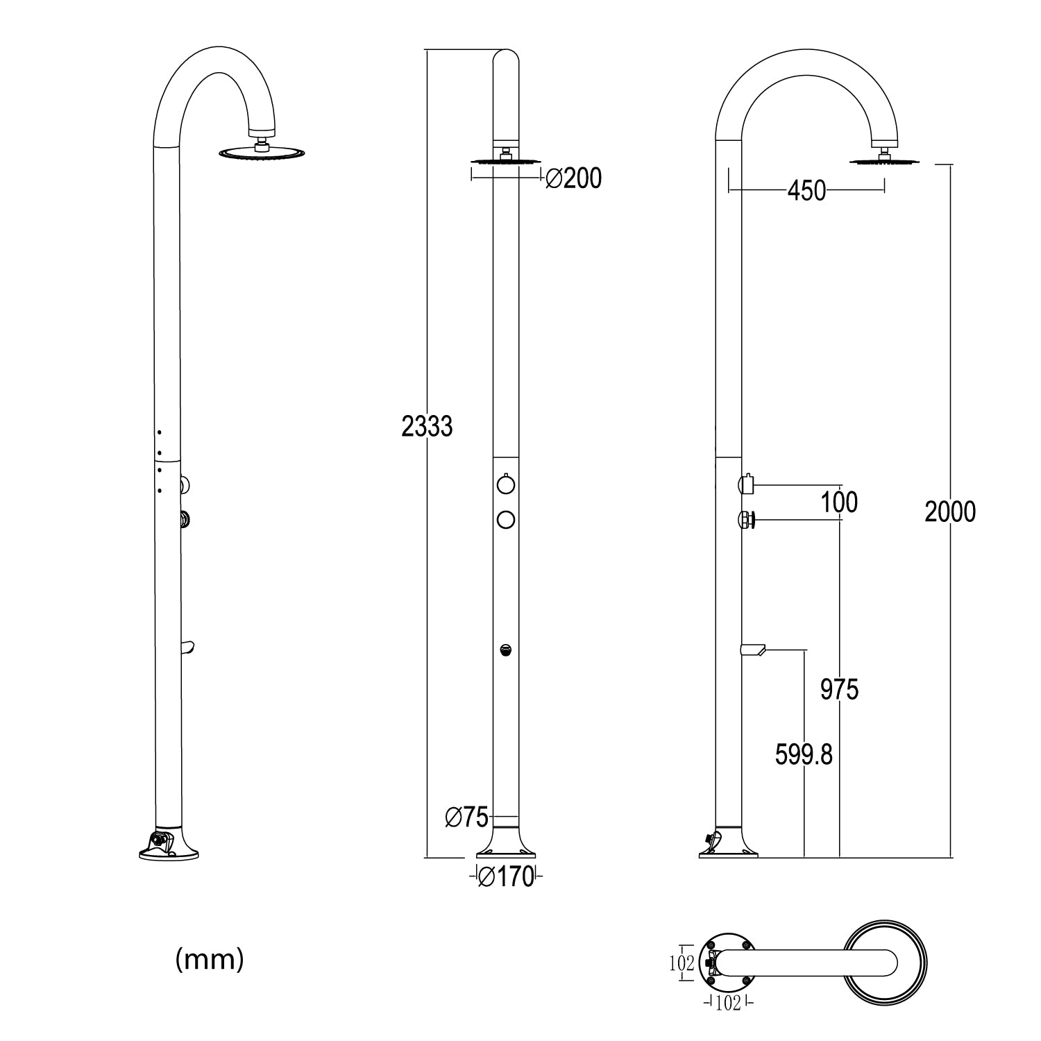 Sined Luna Timer p Noir Douche en Aluminium Double Connexion d'Eau Froide Latérale ou Inférieure sur un Tuyau Douche Temporisée d'Eau Froide avec Pulvérisateur sur Pied et Mitigeur Noir