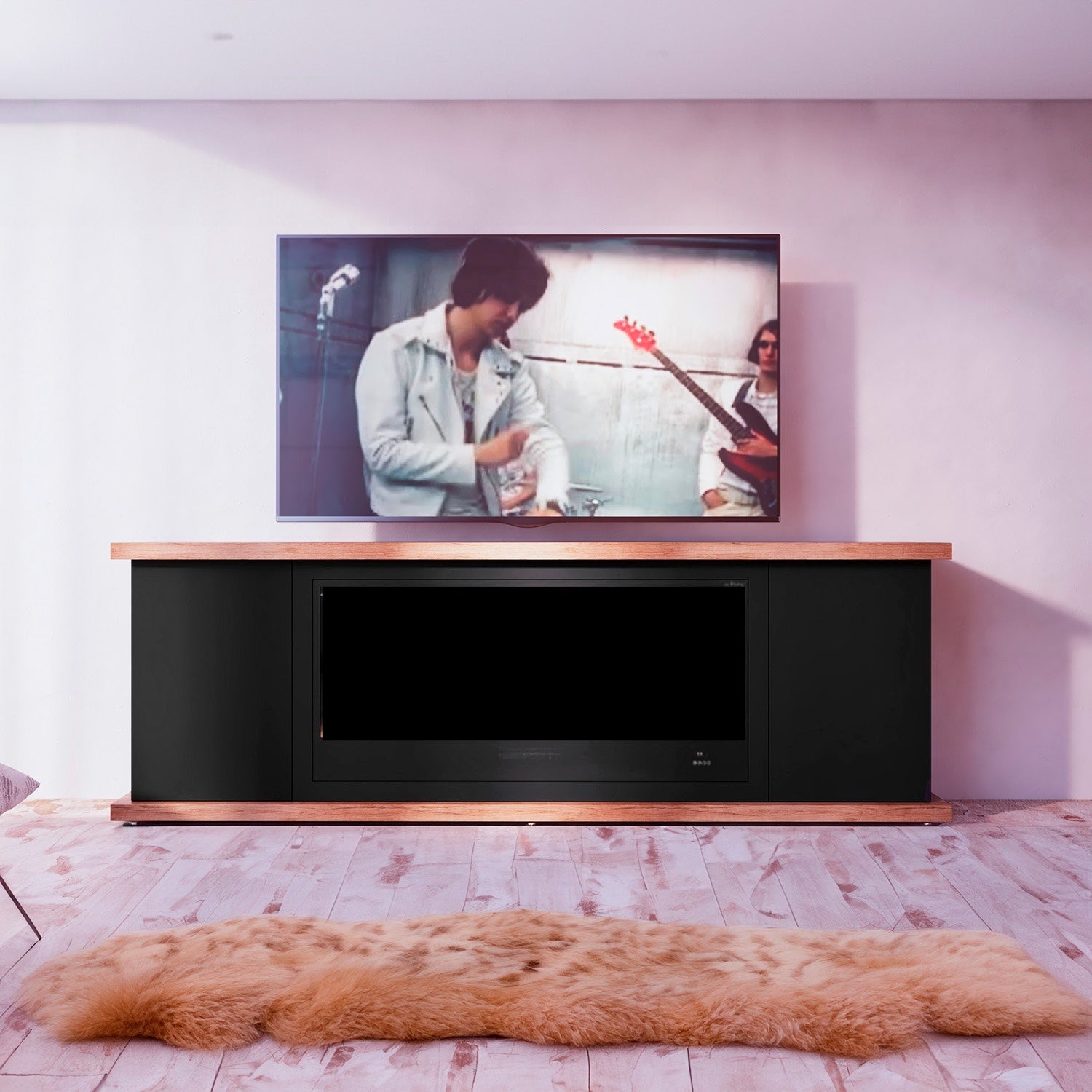 Sined Mobile Arosio 180 Preto Móvel Lareira Com Portas Refinado Elegante Móvel Lareira De Madeira Acabado Em Madeira Lacada e Carvalho Para Todos Os Interiores Também Comerciais