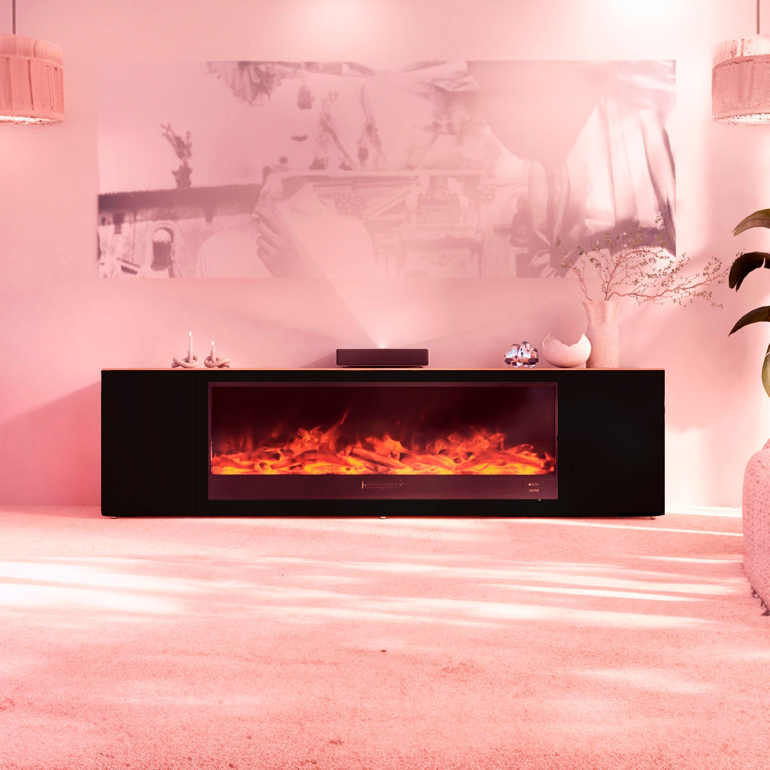 Sined Chimenea Móvil Meda 180 Muebles De Madera Negra Con 1500w Chimenea Electrica Mando a Distancia Muebles Refinados y Elegantes Cuerpo y Puertas De Madera Negra Tapa y Base De Roble Hechos