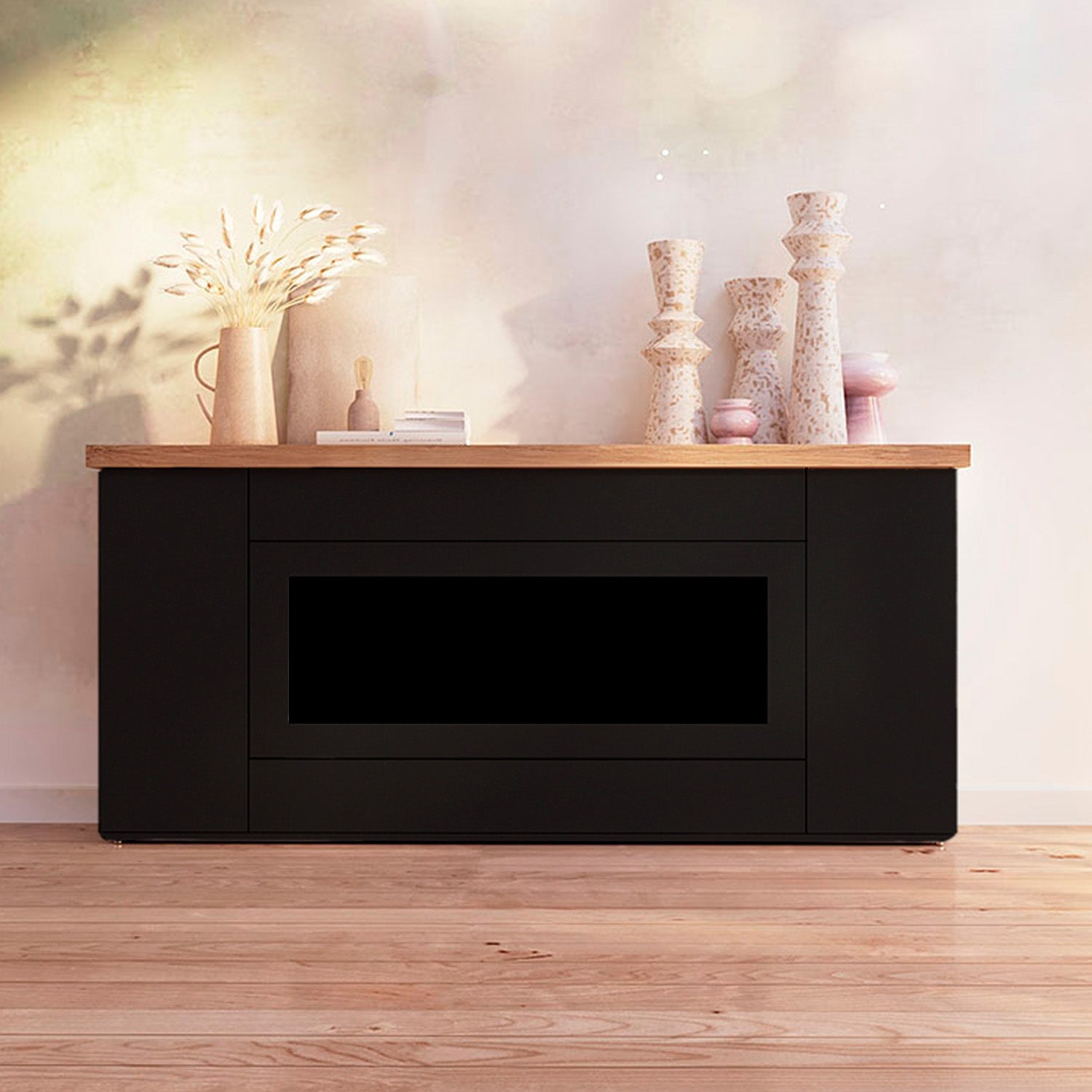 Sined Desio Mueble 108 Chimenea Electrica Negra Para La Entrada Sined Ispica 1500w Mueble Refinado y Elegante Cuerpo y Puertas De Madera Negra Tapa y Base De Roble Ideal Para Interiores