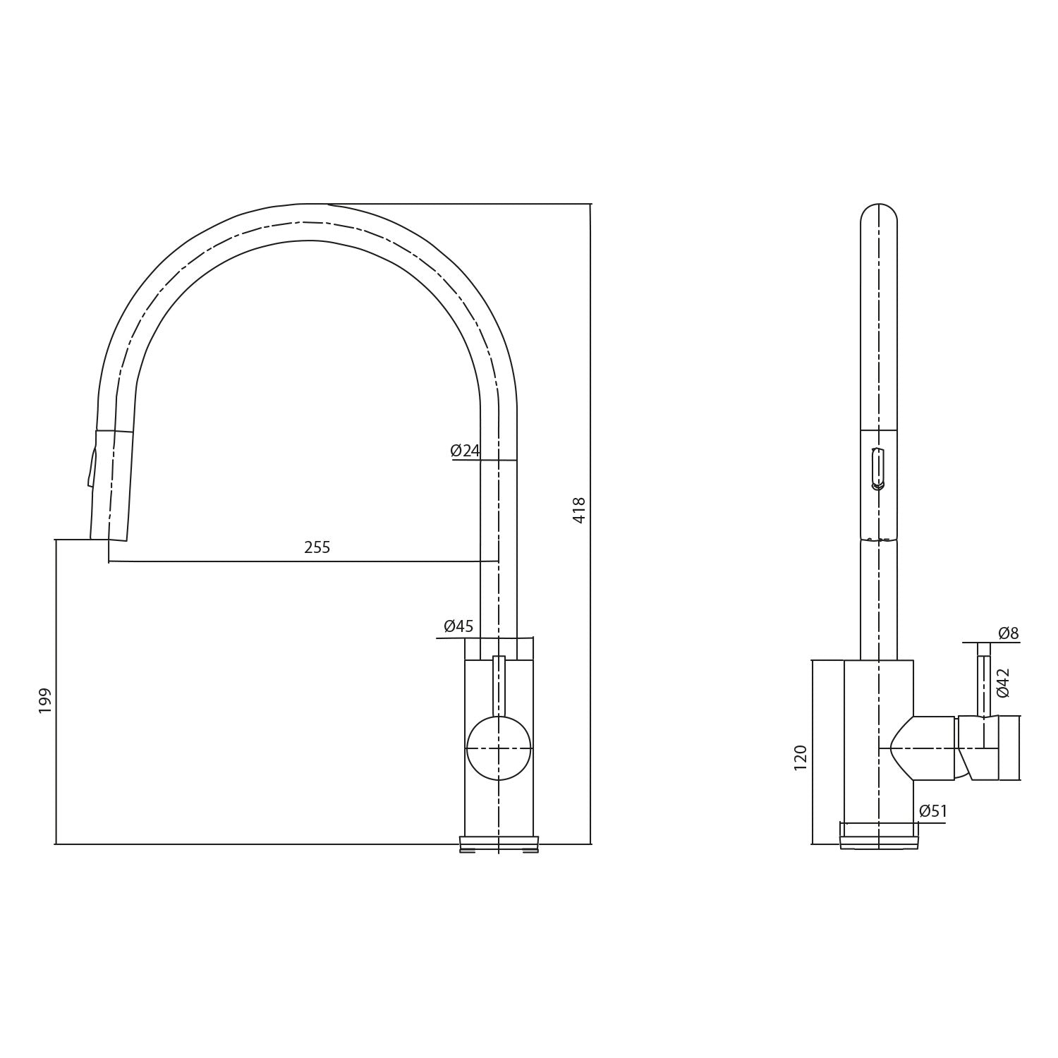 SINED Torneira de cozinha em aço inox 316L cor cano de fuzil, misturador monocomando para um furo com duche extraível e mangueira flexível 45 cm, resistente à corrosão, modelo LEVANTE