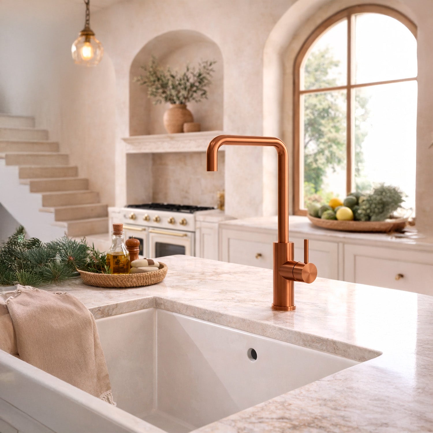 Rubinetto torneira para cozinha em aço inoxidável 316L com acabamento em ouro rosa, monocomando, bica giratória e ducha flexível, resistente e fácil de manter - Modelo Levante