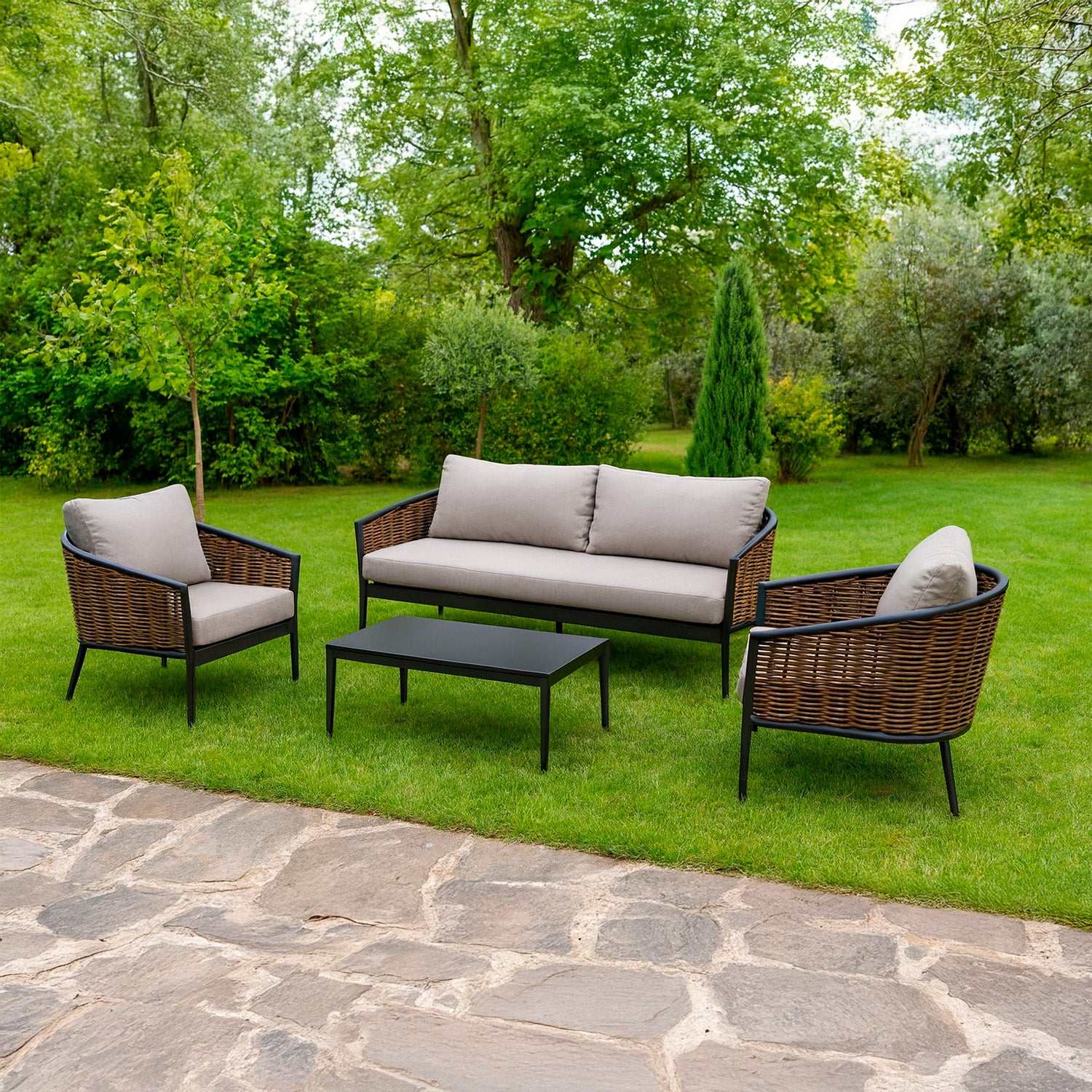 SINED 2-seater sofa and 1 armchair set in wicker with aluminum frame and epoxy paint for seaside use, removable polyester upholstery in graphite color aluminiowicker SET-DIVANO-GIARDINO-ASTI