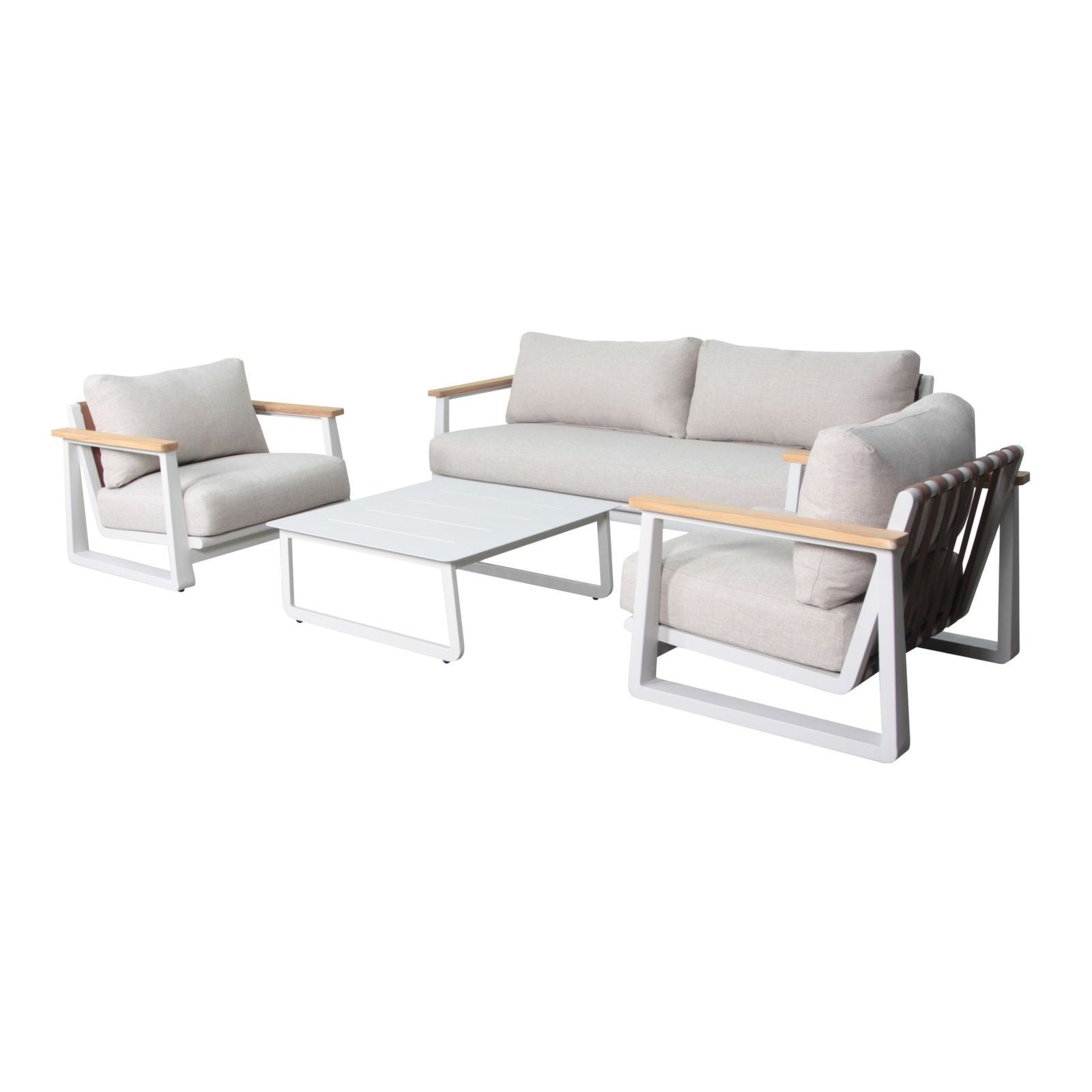 SINED Outdoor living set BRA 3-seater modular sofa in cream with aluminum frame and teak FSC® arms, including 2 armchairs, water-repellent cushions and low table