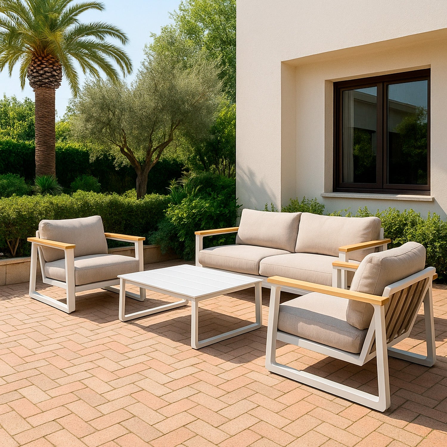 SINED Outdoor living set BRA 3-seater modular sofa in cream with aluminum frame and teak FSC® arms, including 2 armchairs, water-repellent cushions and low table