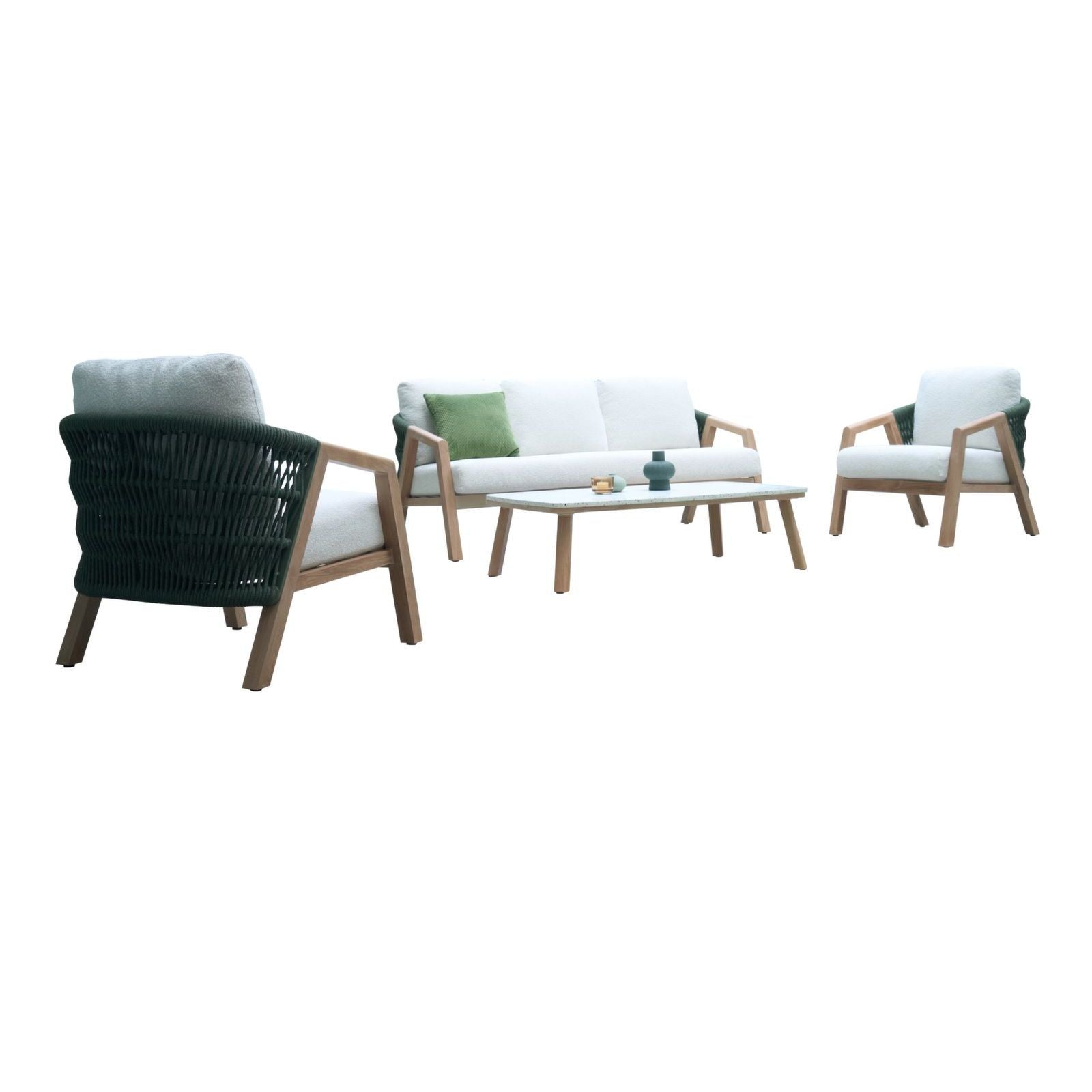 SINED Sofa set with 2 armchairs and aluminum table with wood-colored woven fabric and teak-colored arms FSC® includes water-repellent cushions and coordinated low table Model CUNEO