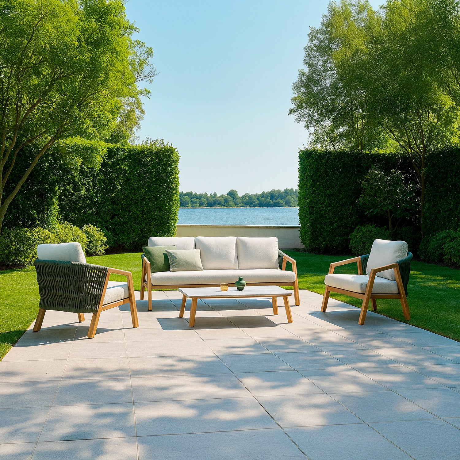 SINED Sofa set with 2 armchairs and aluminum table with wood-colored woven fabric and teak-colored arms FSC® includes water-repellent cushions and coordinated low table Model CUNEO