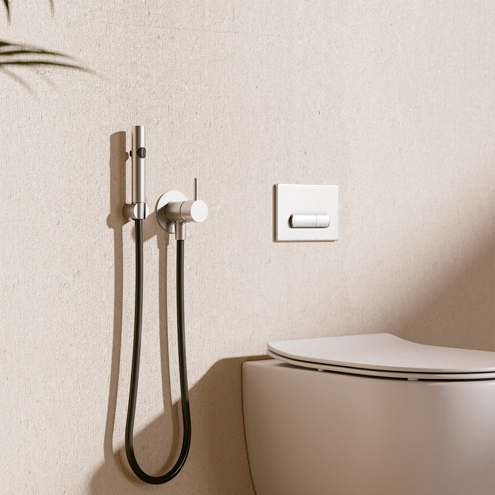 SINED Ensemble de douche flexible mural pour WC et bidet en acier inoxydable 316L finition acier inoxydable argenté complet avec sortie murale, flexible et douchette de bidet pour usage intérieur et extérieur SET-DOCCINO-FLESSIBIL