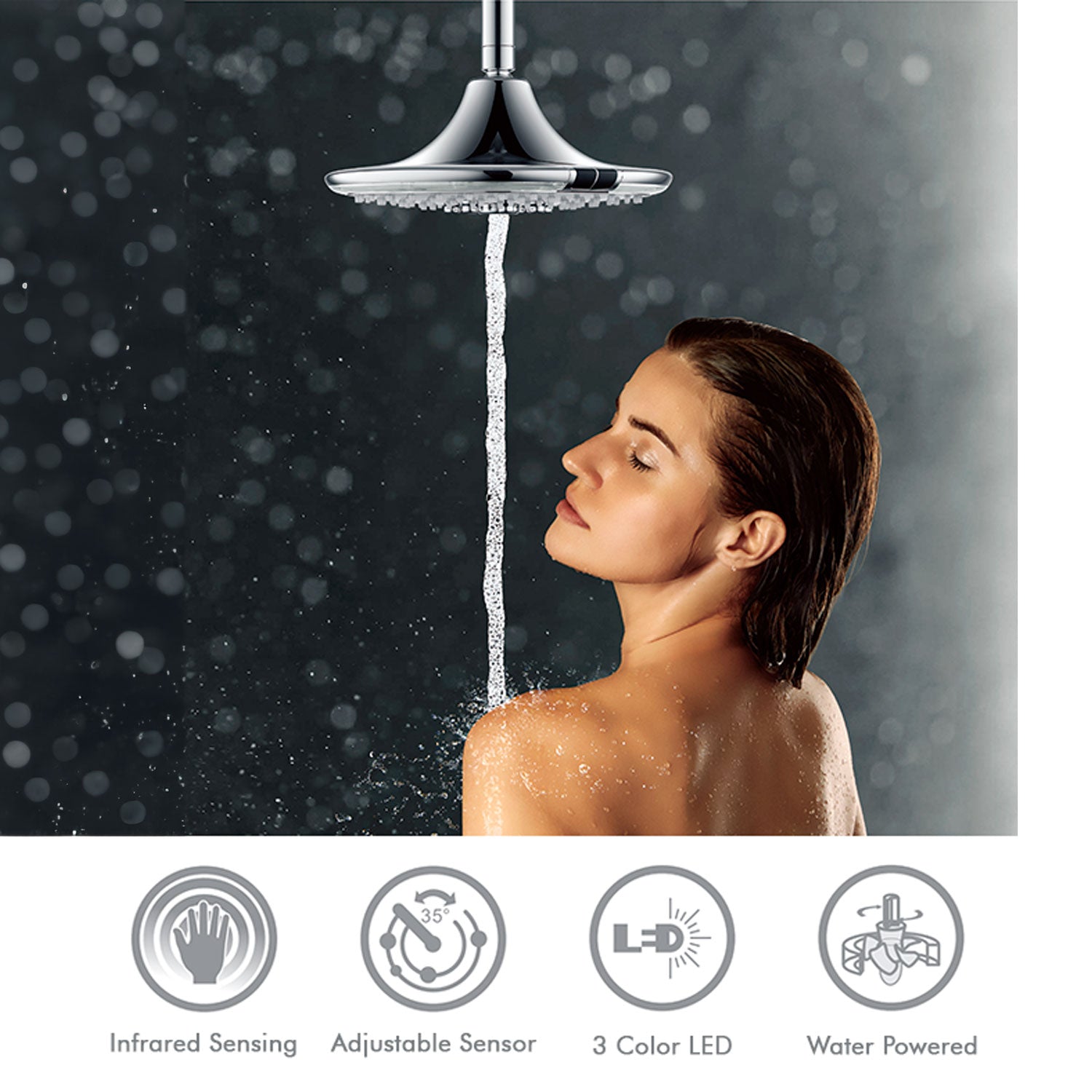 Doccia a pioggia rotonda Sined Led 3 da 24 cm con led e 3 funzioni getto Grigio