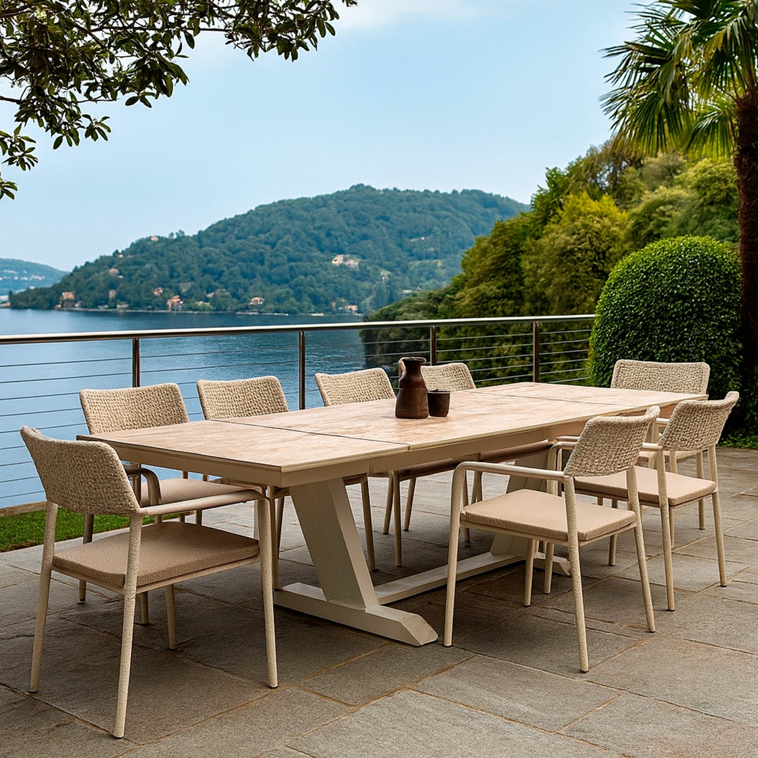 SINED Mesa Extensible 180-280 cm Crema Travertino con Superficie de Cerámica Kedra y Estructura de Aluminio - TAVOLO-GIARDINO-180-280-PRALINE
