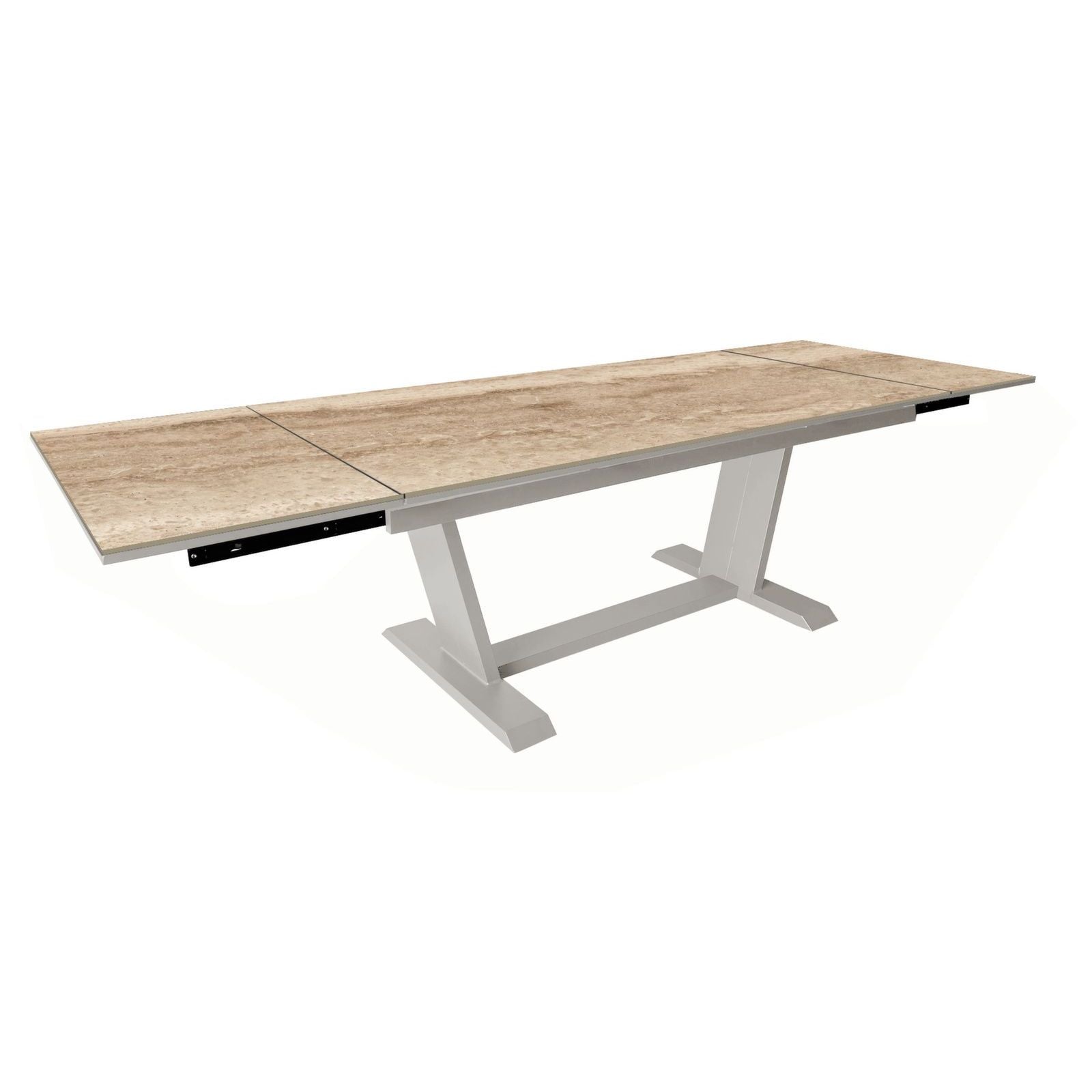 SINED Mesa Extensible 180-280 cm Crema Travertino con Superficie de Cerámica Kedra y Estructura de Aluminio - TAVOLO-GIARDINO-180-280-PRALINE