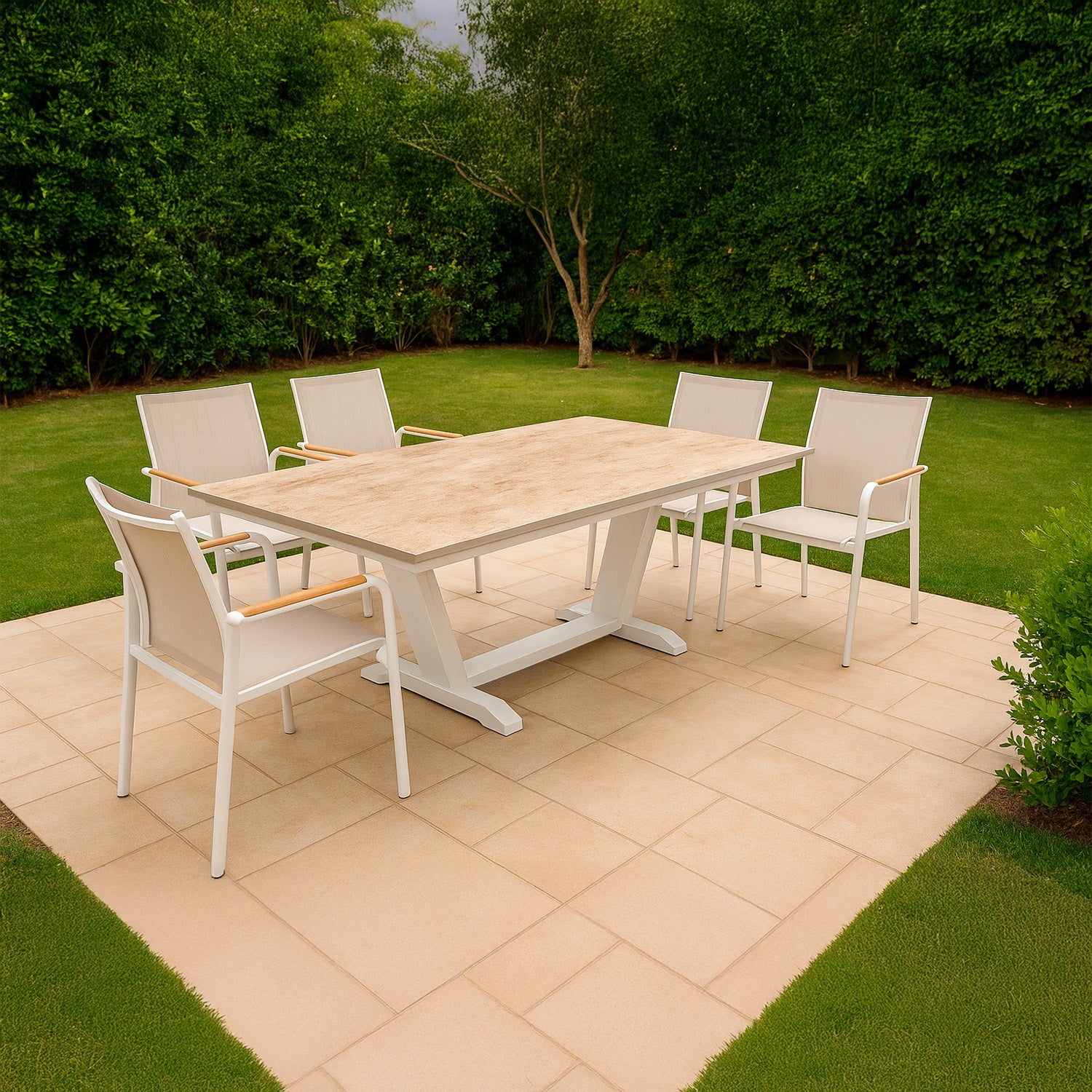 SINED Mesa Extensible 180-280 cm Crema Travertino con Superficie de Cerámica Kedra y Estructura de Aluminio - TAVOLO-GIARDINO-180-280-PRALINE