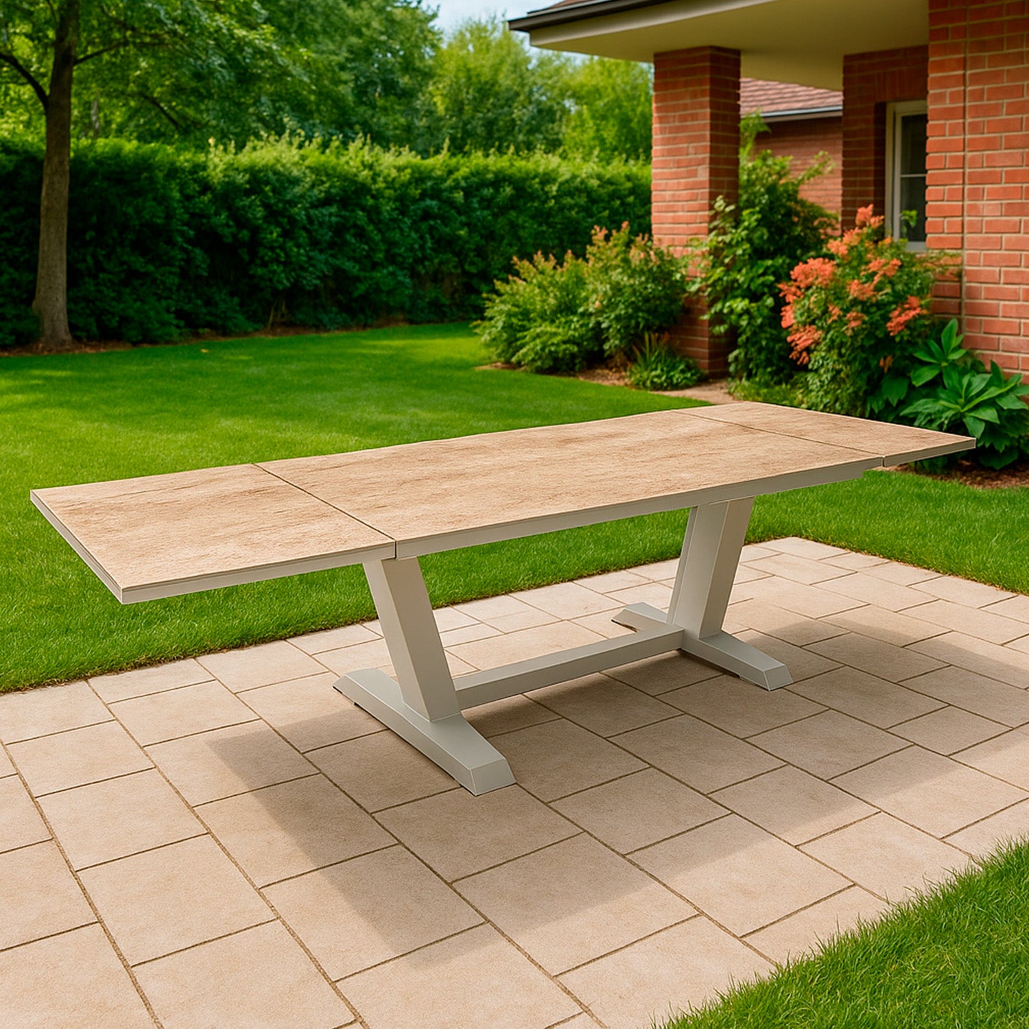 SINED Mesa Extensible 180-280 cm Crema Travertino con Superficie de Cerámica Kedra y Estructura de Aluminio - TAVOLO-GIARDINO-180-280-PRALINE