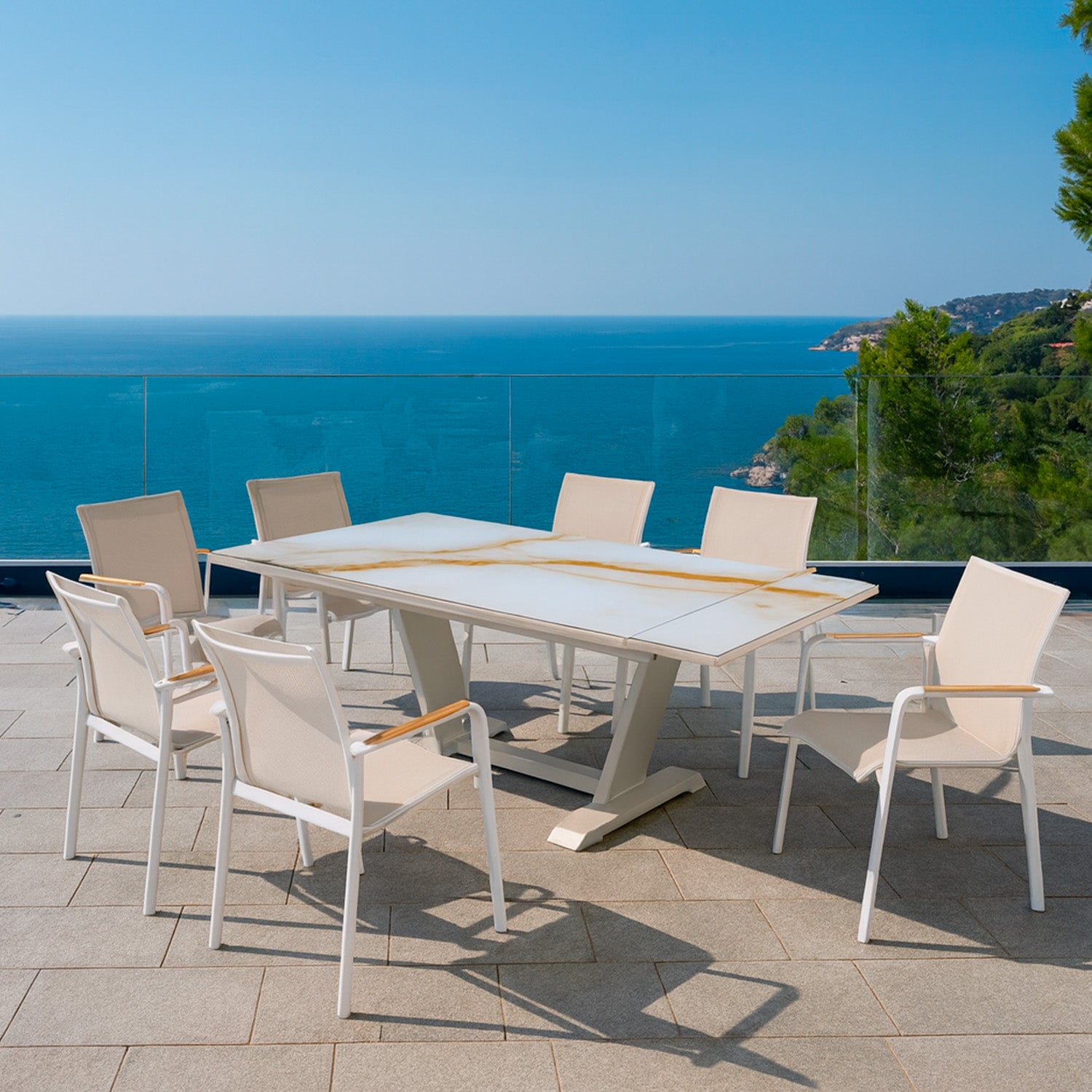 SINED Tavolo Allungabile 180-280 cm en color crema travertino con superficie de cerámica Kedra efecto piedra y estructura de aluminio ideal para jardines y terrazas modernas