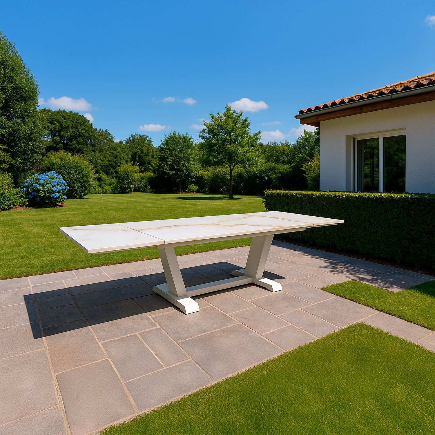 SINED Tavolo Allungabile 180-280 cm en color crema travertino con superficie de cerámica Kedra efecto piedra y estructura de aluminio ideal para jardines y terrazas modernas