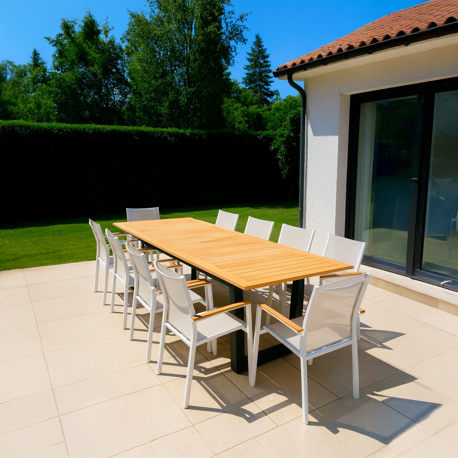 SINED SUPERGA Rectangular Garden Table in FSC® Teak with Anthracite-Painted Aluminum Frame, Extending from 180 to 260 cm for Up to 10 People