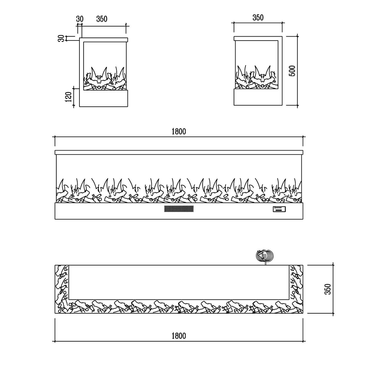 Caminetto Adige 180: chimenea eléctrica panorámica de tres c
