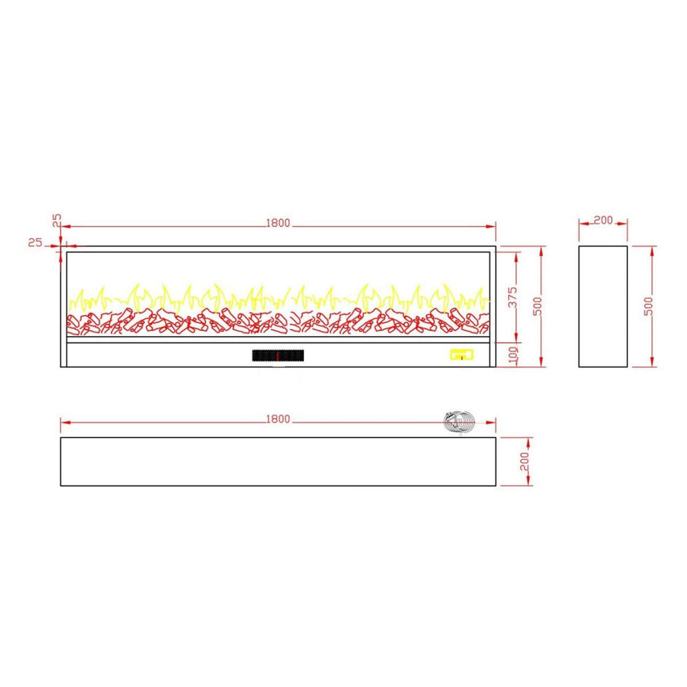 Sined Amiata Fireplace Built-in and Independent Electric Fireplace 180 Cm With 1500 w Power Indoor Black Fireplace Flame Effect 6 Intensities Remote Control Cold Laminated Panel Structure