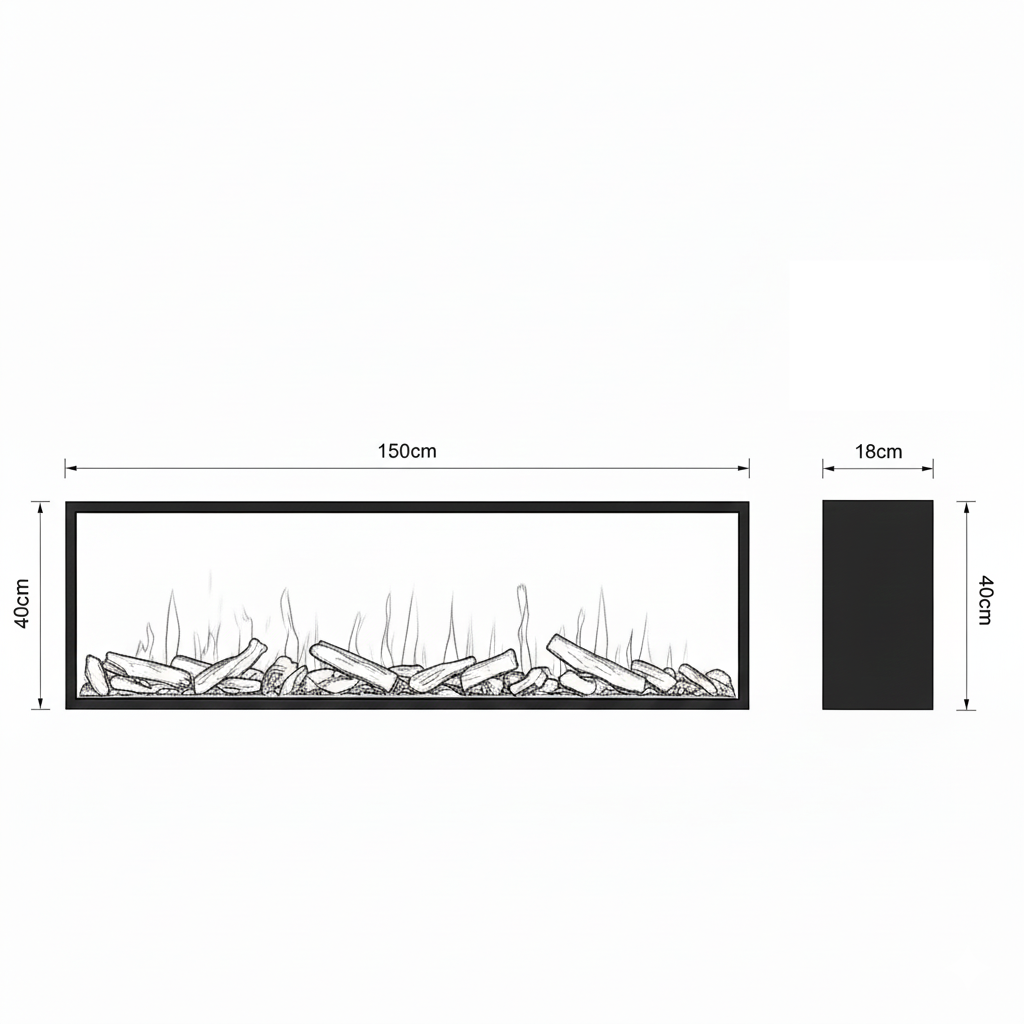 Cheminée électronique SINED noire en métal avec effet flamme holographique dimensions 1500x400 mm fonctionnement 110-220V basse consommation CAMINETTO-LASA-150