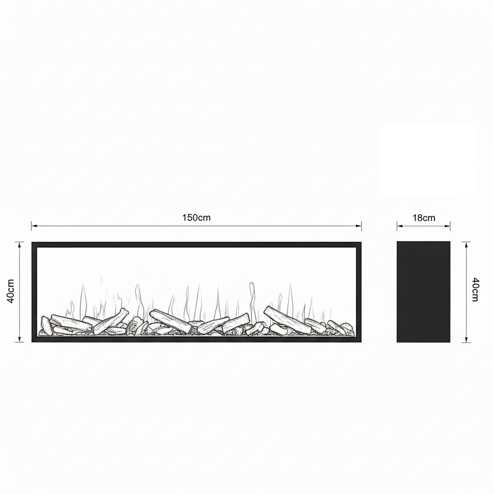 Cheminée électronique SINED noire en métal avec effet flamme holographique dimensions 1500x400 mm fonctionnement 110-220V basse consommation CAMINETTO-LASA-150